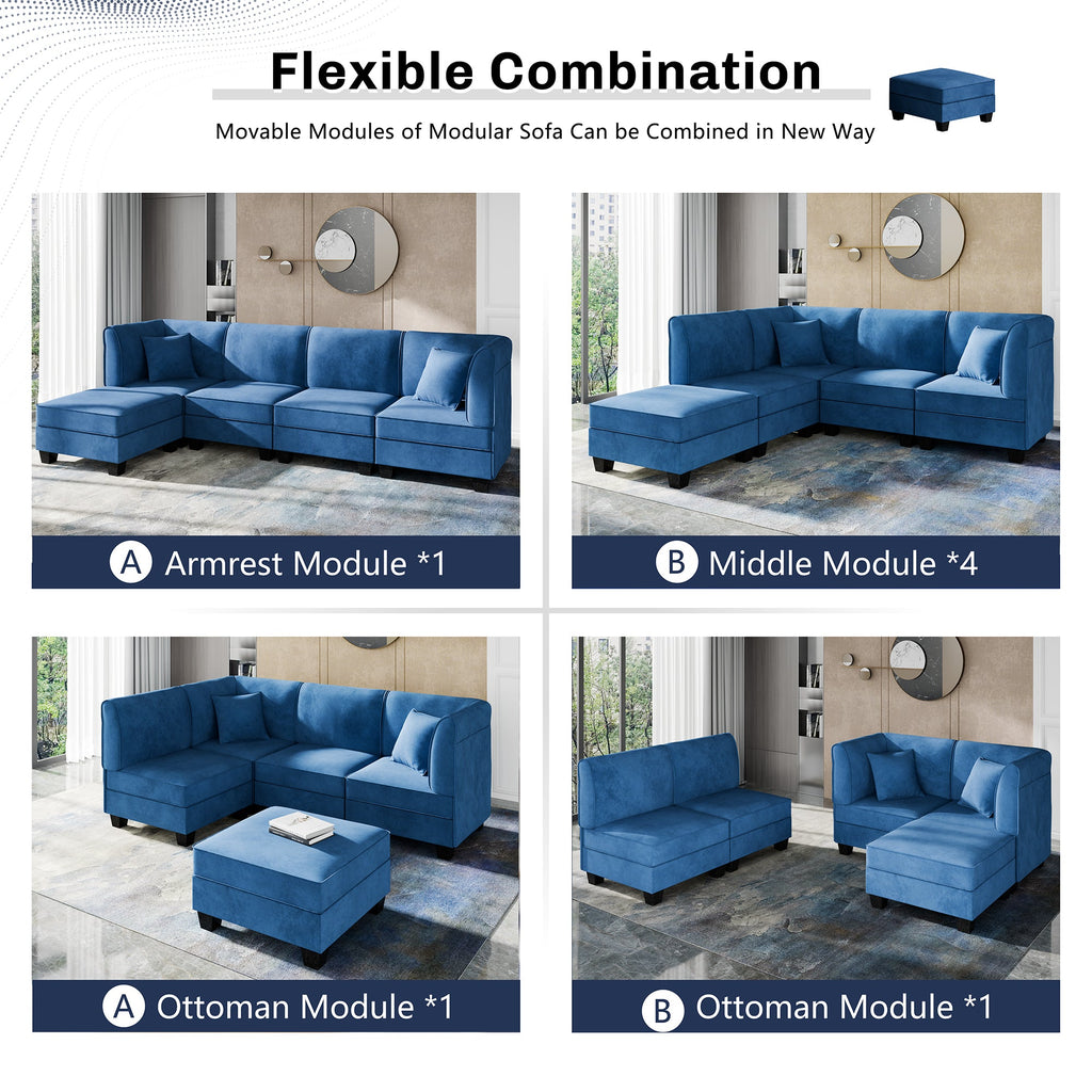 Walsunny Velvet 5 Pieces Modular Sectional Sofa L-Shaped Couch With Reversible Chaise (7223391125680)