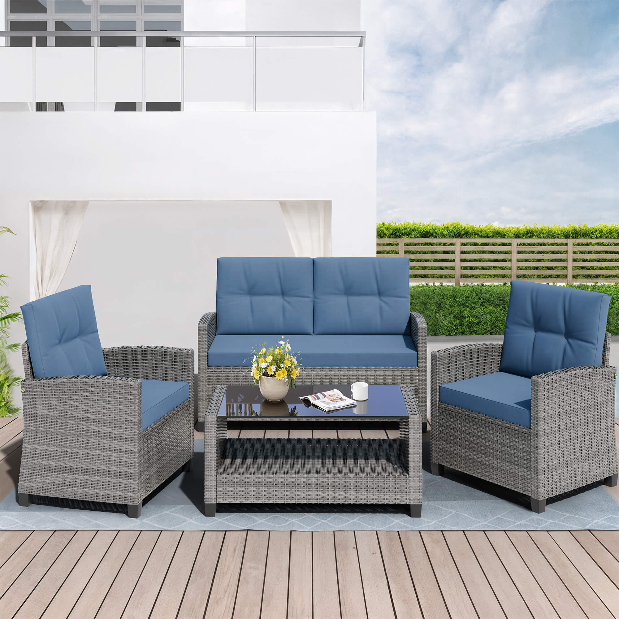 Vongrasig Patio Furniture 4 Pieces Outdoor Wicker Loveseat Set