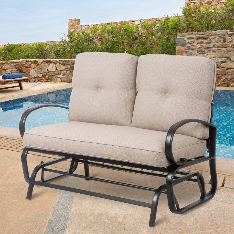 Walsunny 2-Seat Outdoor Rocking Loveseat With Fabric Cushions##color_beige