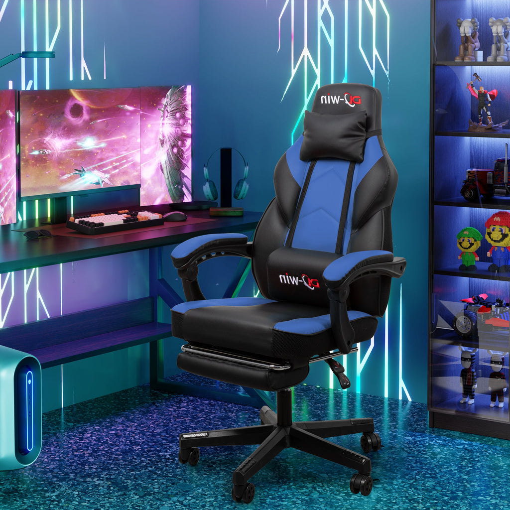 Gaming Chairs  Walsunny Gaming Chairs with Footrest, Massage Leather Game Chair for Adults Big and Tall Gamer Chair with Headrest and Lumbar Support with Ergonomic PU Leather  #color_blue