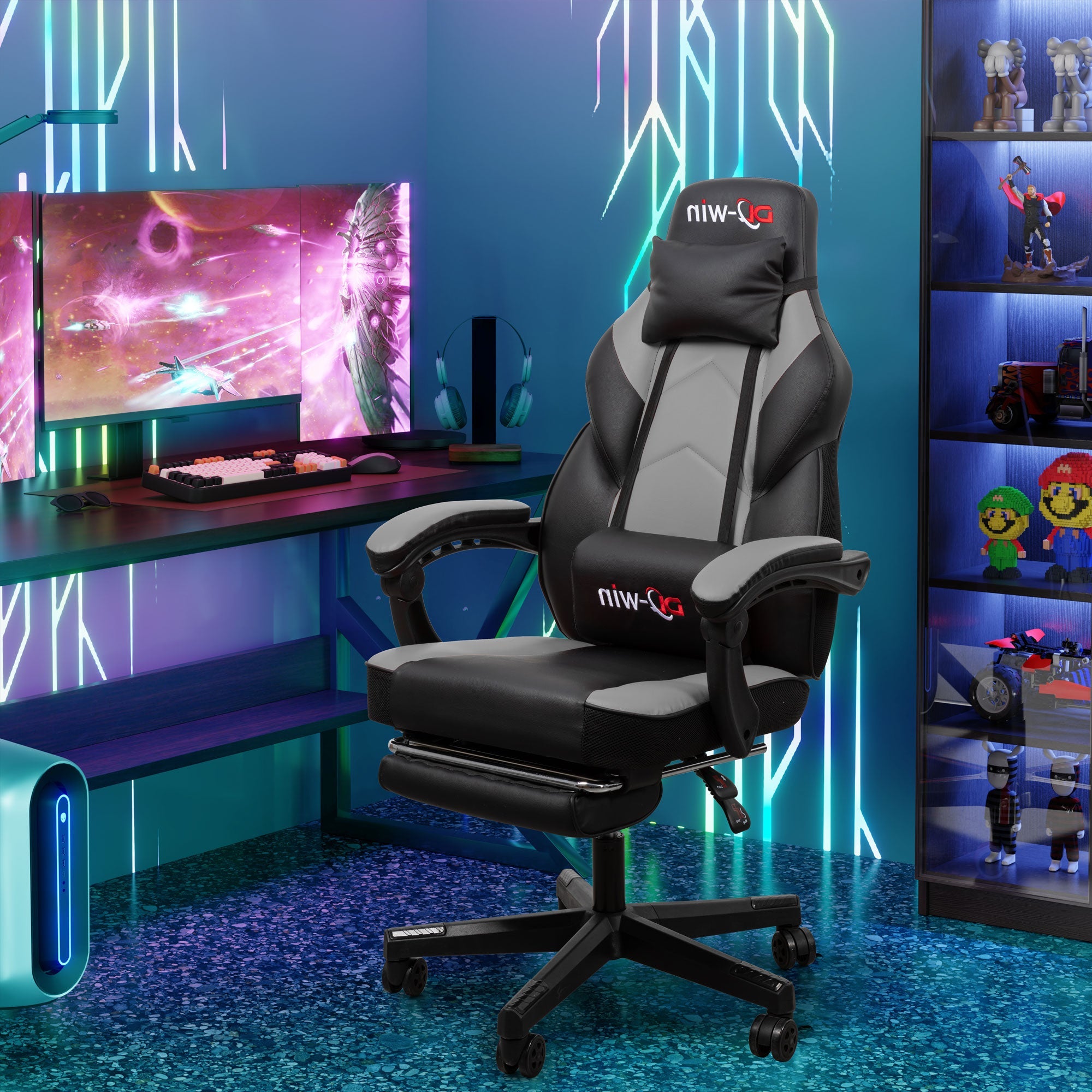 Gaming Chairs  Walsunny Gaming Chairs with Footrest, Massage Leather Game Chair for Adults Big and Tall Gamer Chair with Headrest and Lumbar Support with Ergonomic PU Leather  #color_grey