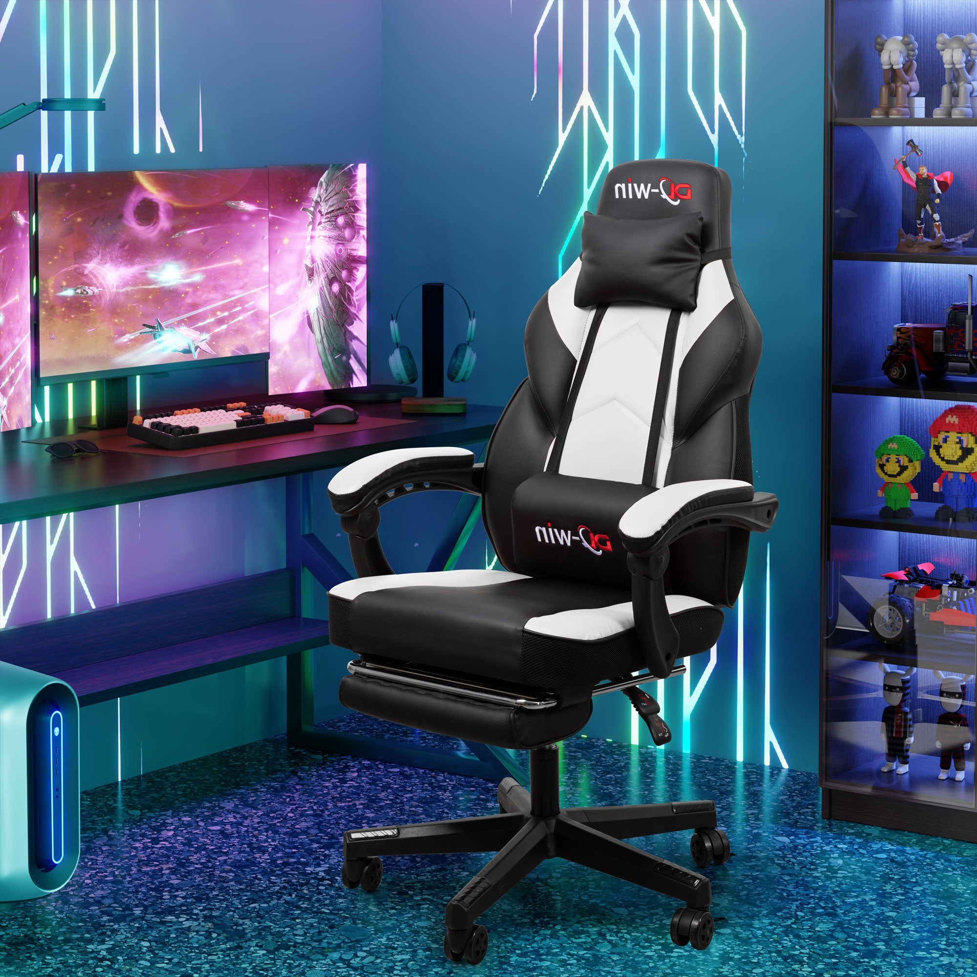 Gaming Chairs  Walsunny Gaming Chairs with Footrest, Massage Leather Game Chair for Adults Big and Tall Gamer Chair with Headrest and Lumbar Support with Ergonomic PU Leather   #color_white