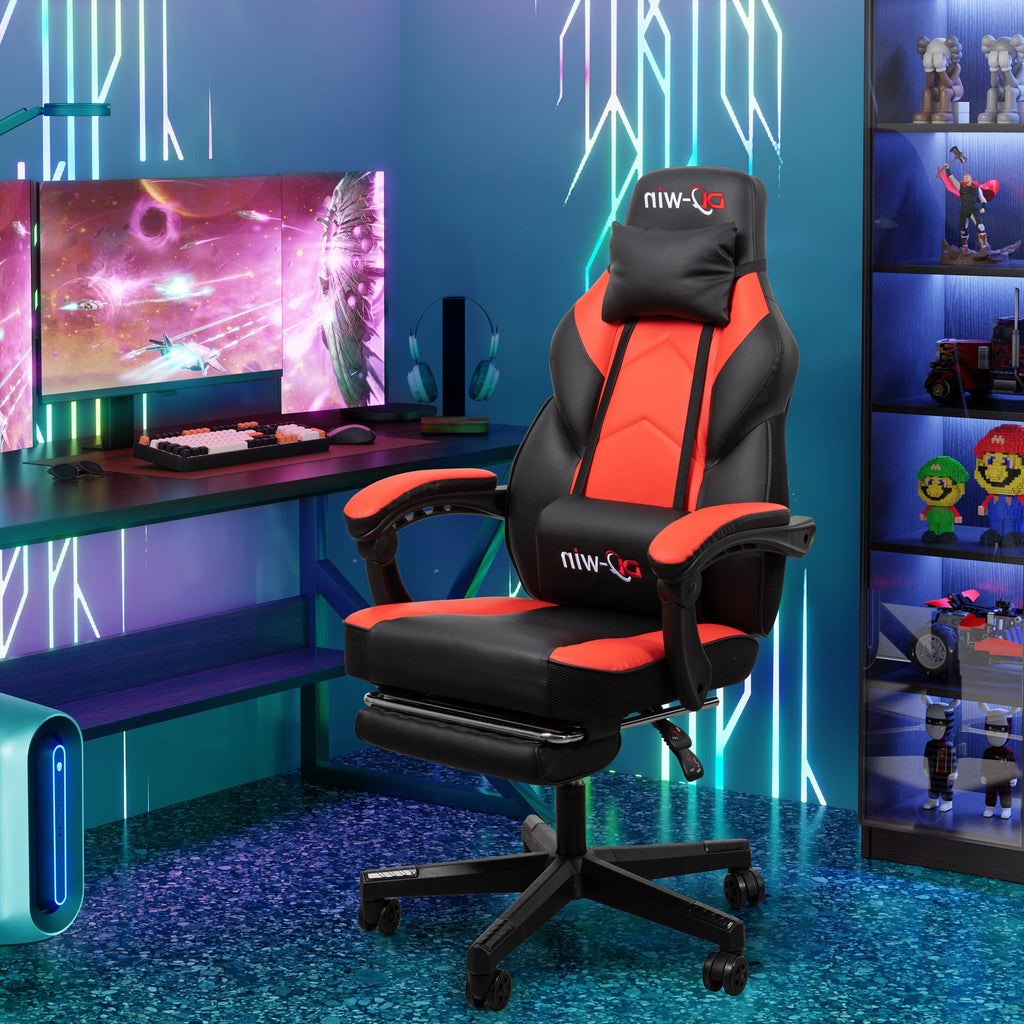 Gaming Chairs  Walsunny Gaming Chairs with Footrest, Massage Leather Game Chair for Adults Big and Tall Gamer Chair with Headrest and Lumbar Support with Ergonomic PU Leather #color_red