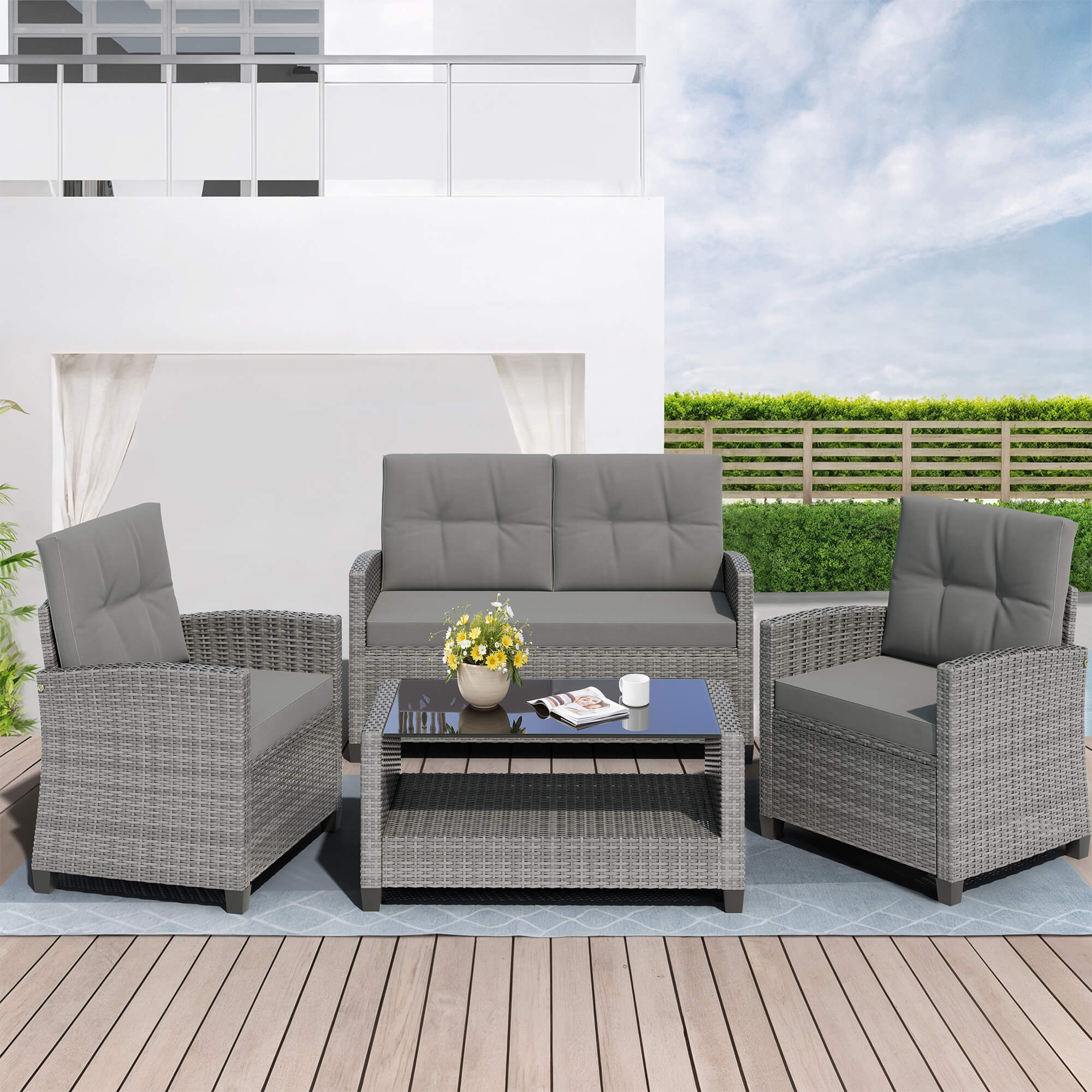 Vongrasig Patio Furniture 4 Pieces Outdoor Wicker Loveseat Set