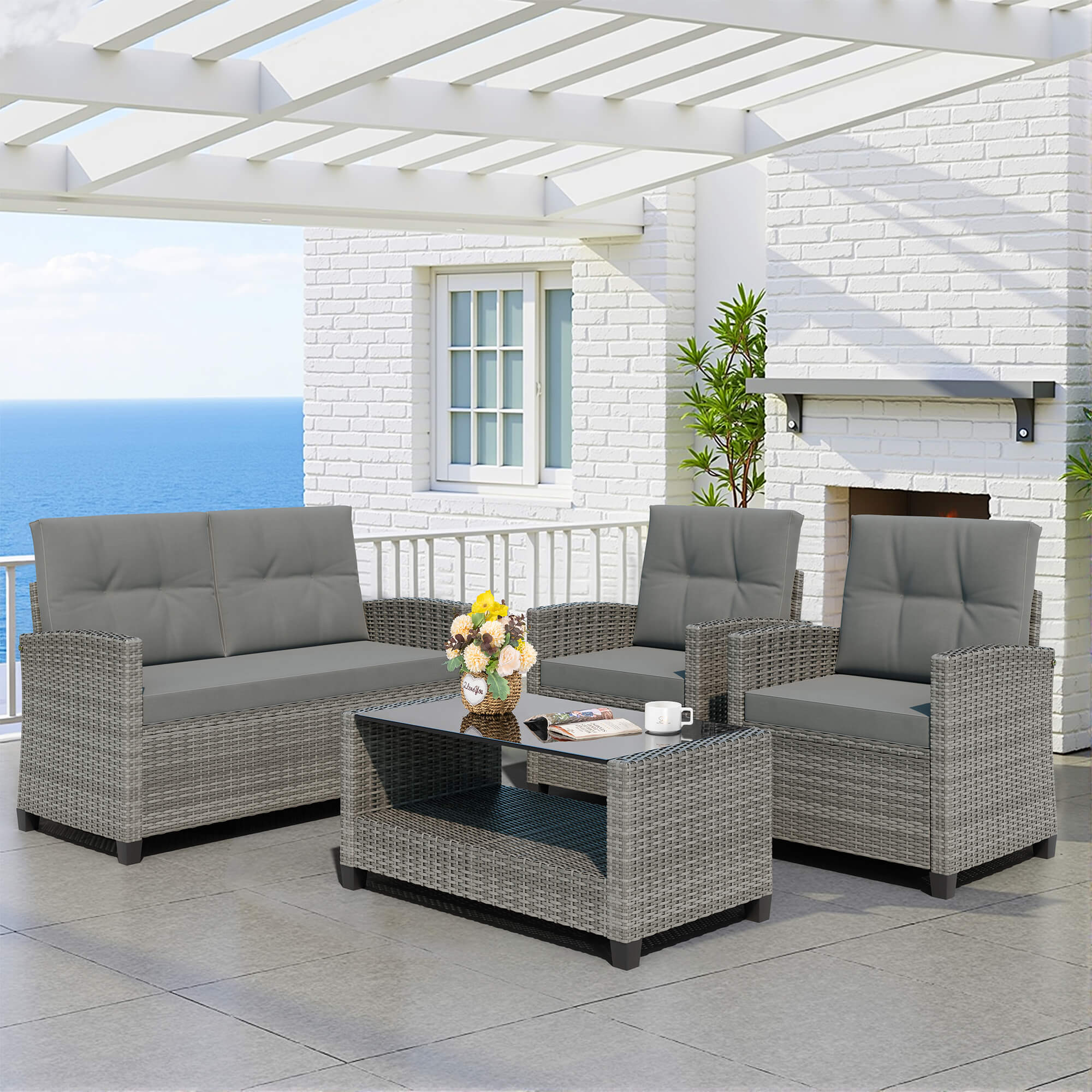 Vongrasig Patio Furniture 4 Pieces Outdoor Wicker Loveseat Set