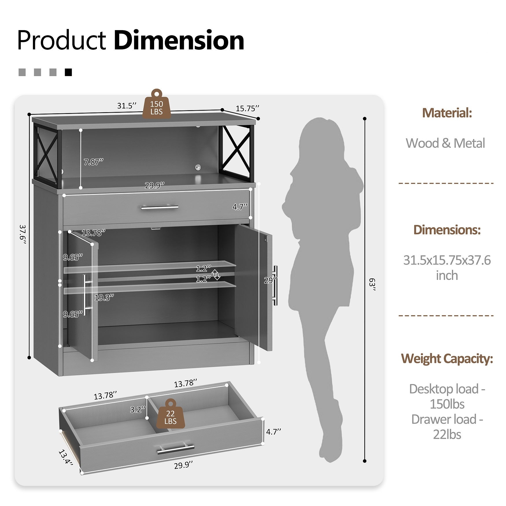 Walsunny Kitchen Buffet Sideboard Cabinet with Adjustable Shelf,Wooden Storage Cabinet with 2 Doors and 1 Drawers£¬Modern Farmhouse Coffee Bar Cabinet with Storage for Kitchen/Living Room (7612660711600)