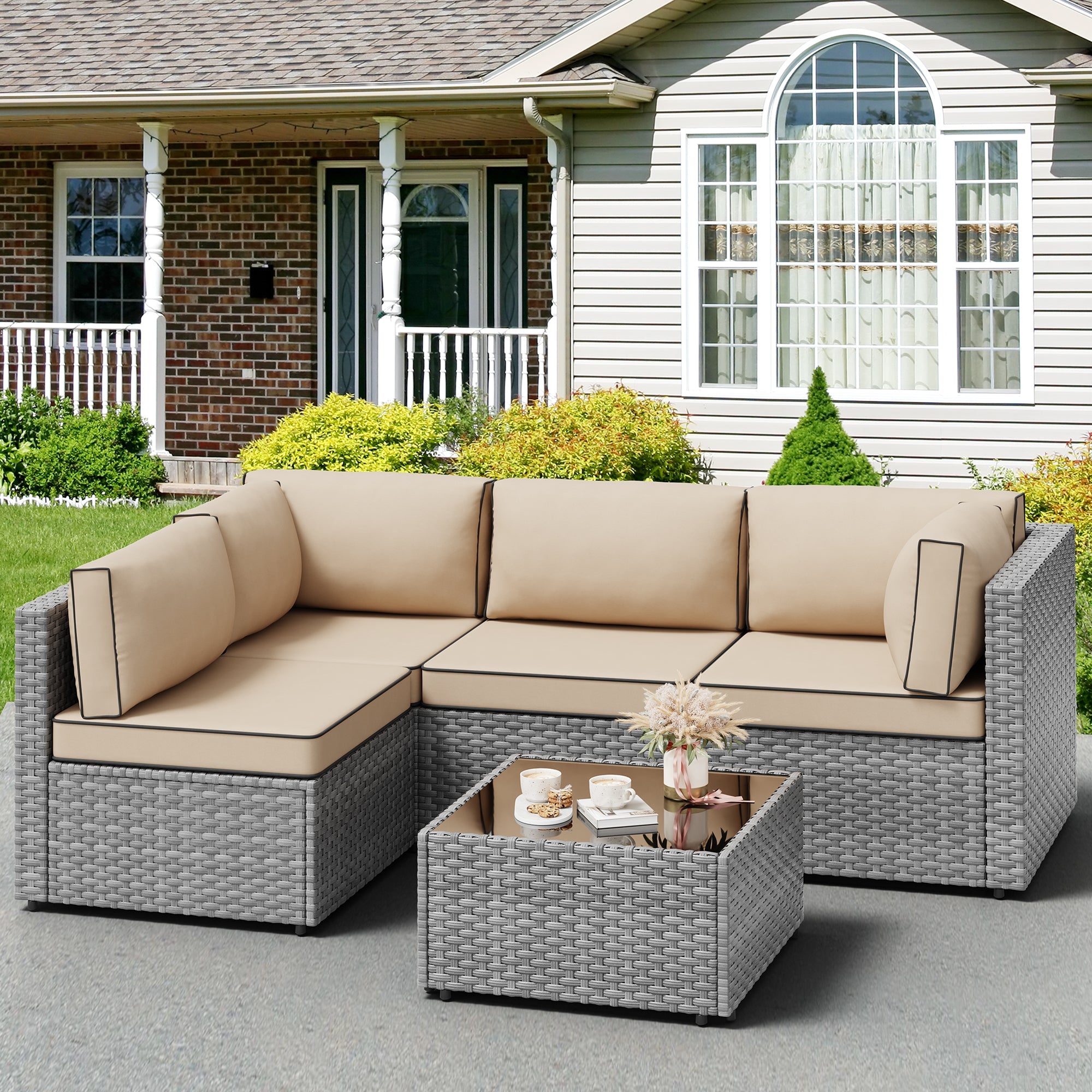Vongrasig Patio Furniture 5 Pieces Outdoor Sectional Sofas, Sliver Wicker