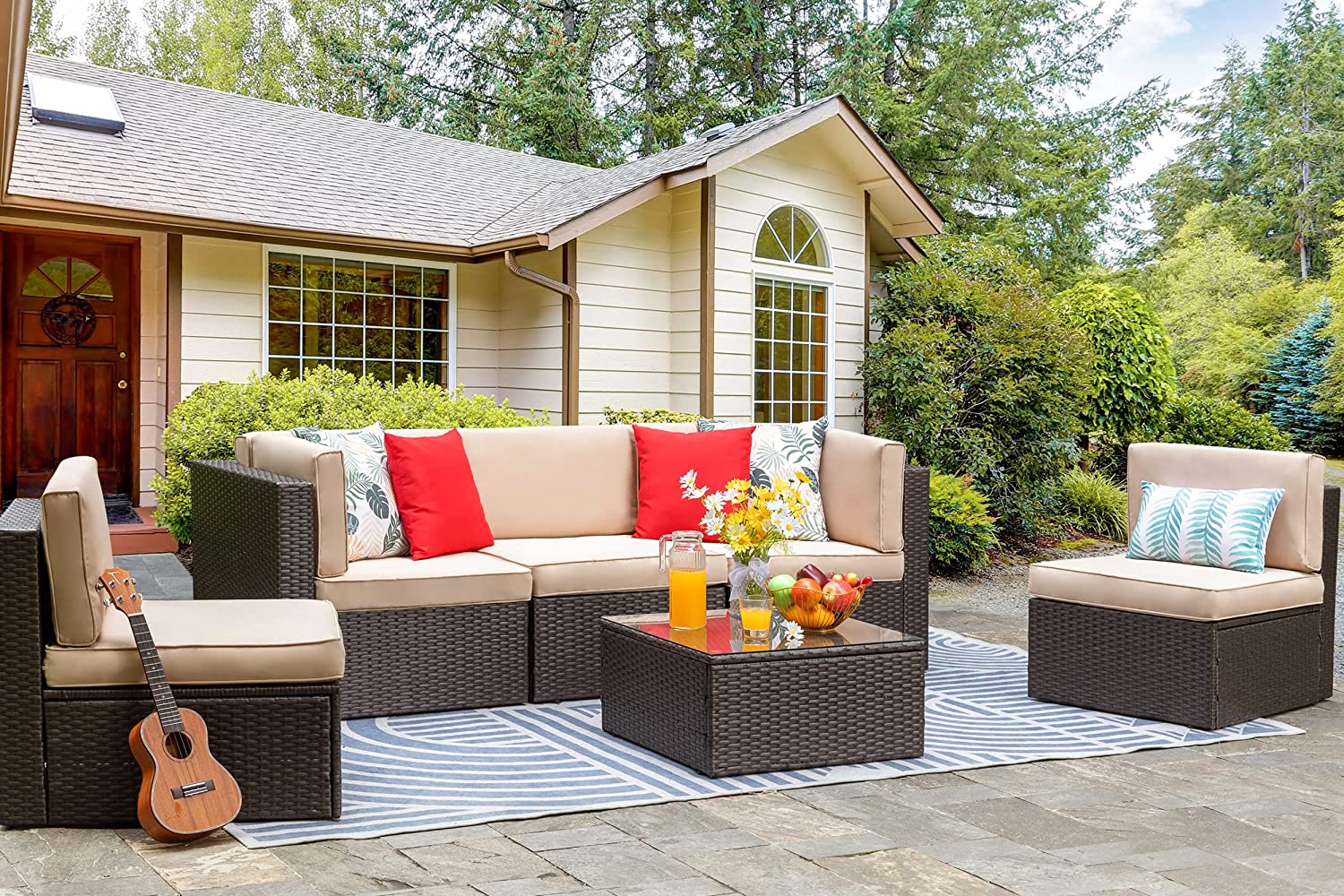 Walsunny Patio Furniture 6 Pieces PE Wicker Outdoor Sectional Sofa Set