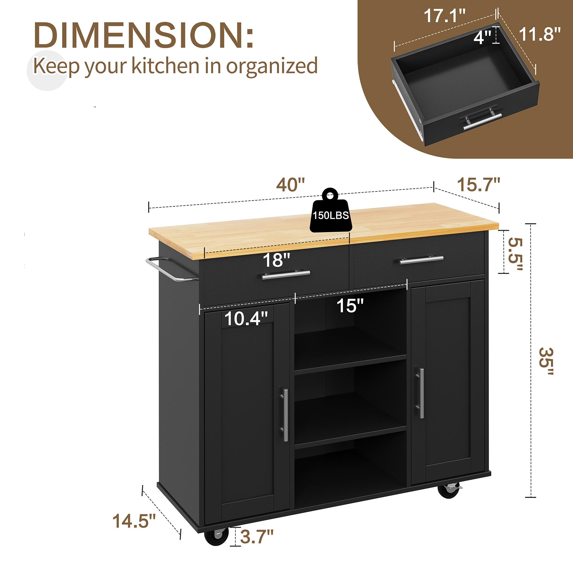 Walsunny 40" Multifunction Kitchen Cart Cabinet with Shelves (7404395692208)