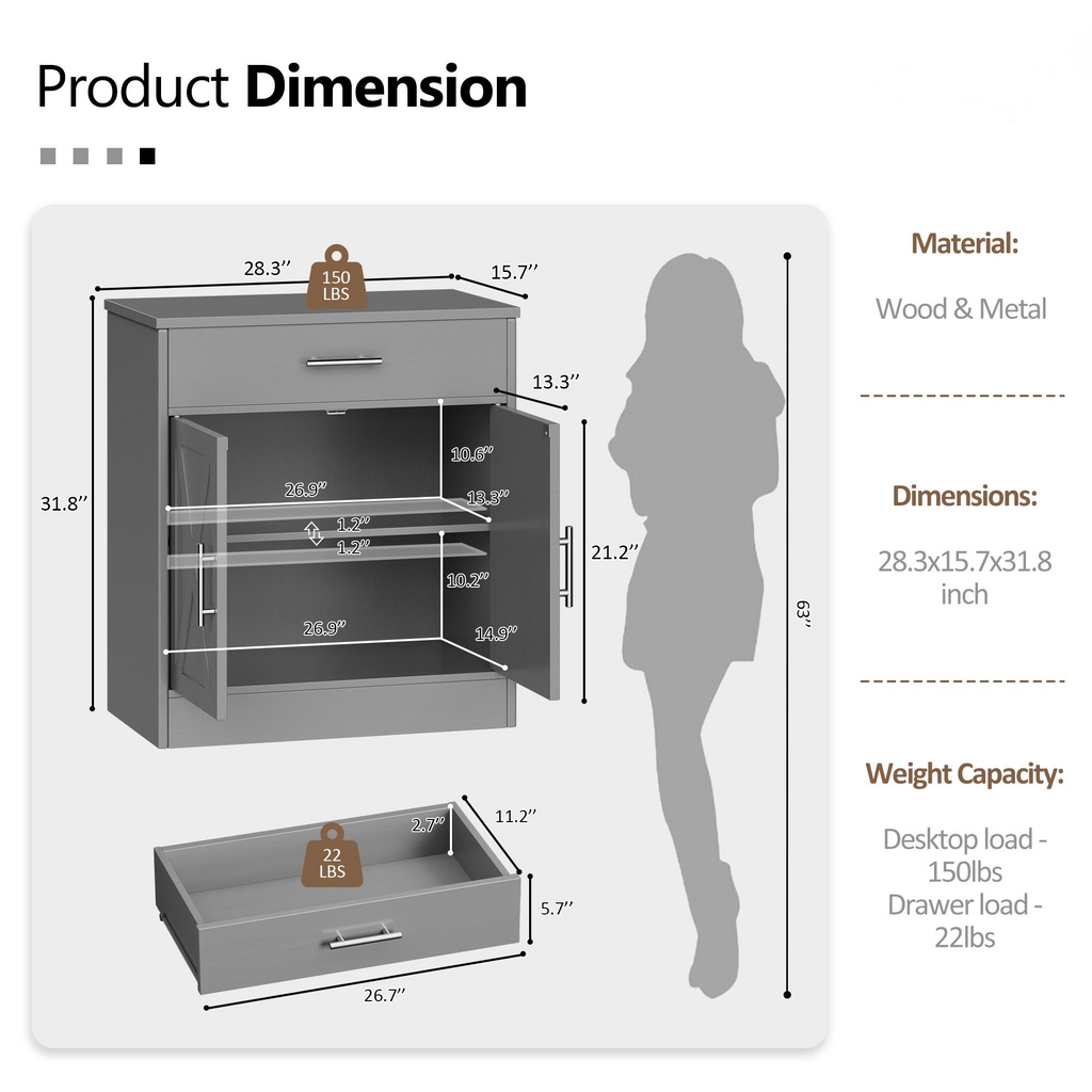 Walsunny Kitchen Buffet Sideboard Cabinet with Adjustable Shelf,Wooden Storage Cabinet with 2 Doors and 1 Drawers,Modern Farmhouse Coffee Bar Cabinet with Storage for Kitchen/Living Room,Grey (7610077905072)