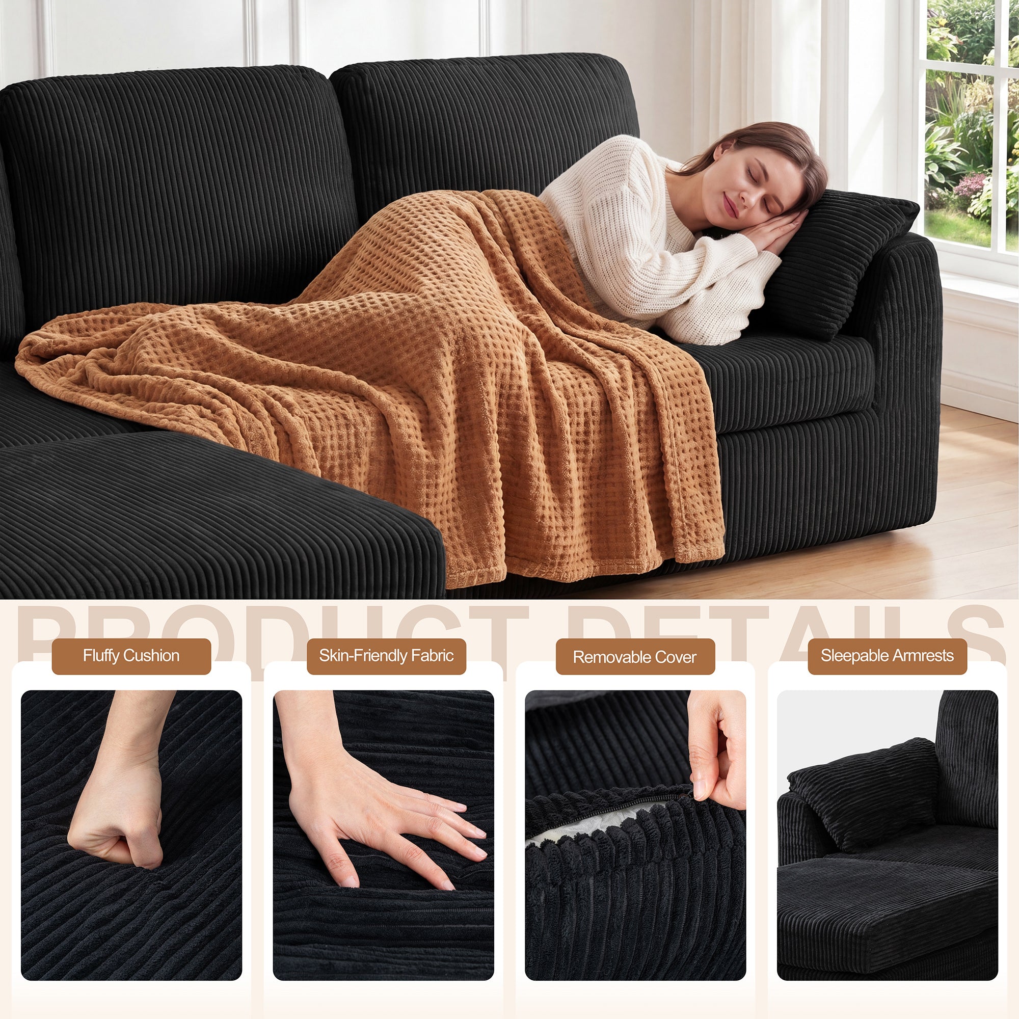 Vongrasig Boneless Convertible Sectional Sofa Couch, 3 Seat L Shaped Sofa with Removable Pillows Plush Corduroy Fabric Small Couches for Living Room, Apartment and Office, White