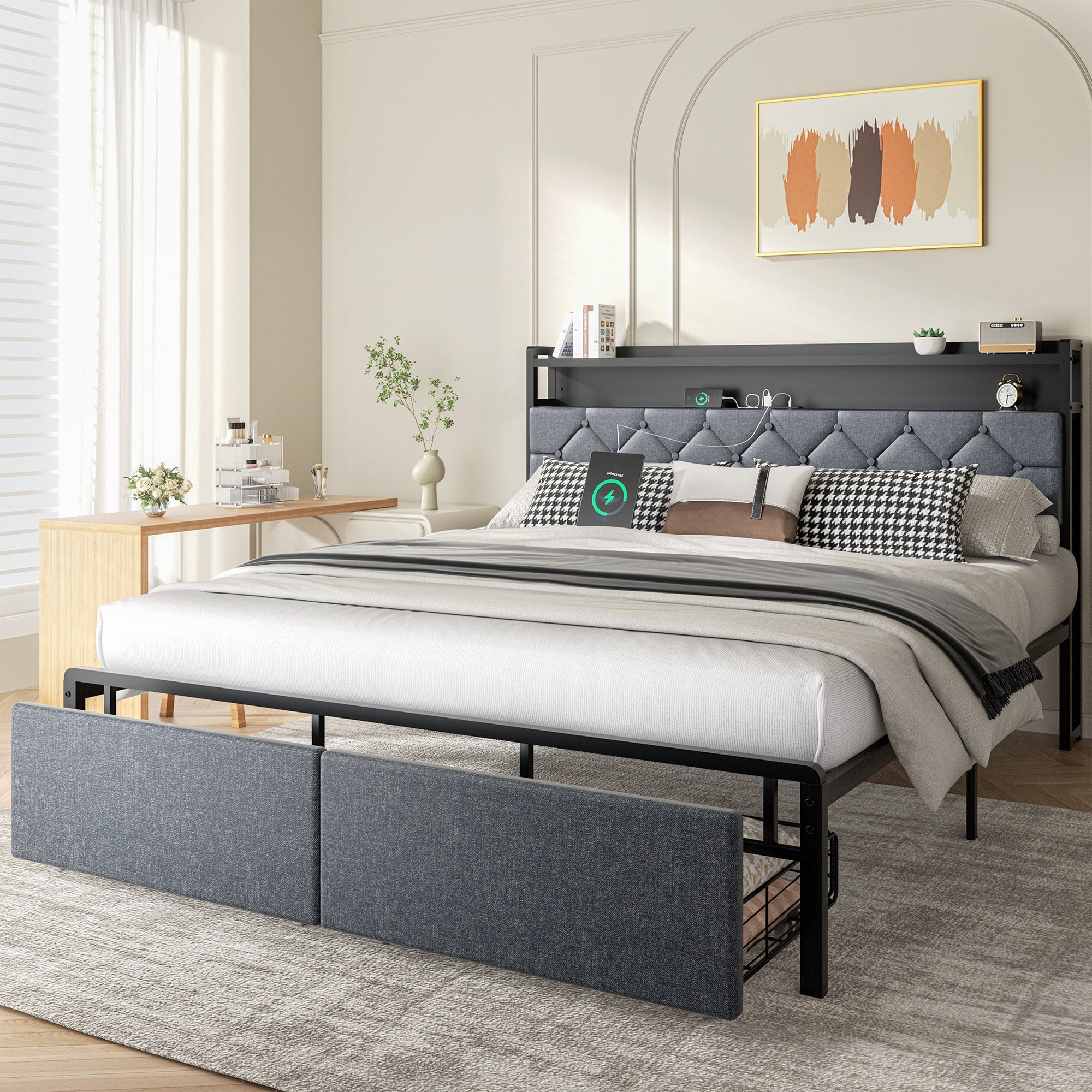 Walsunny Bed Frame with Led Light and 2 Drawers Metal Platform Bed with Button Tufted Headboard Strong Metal Slats (7504175136944)