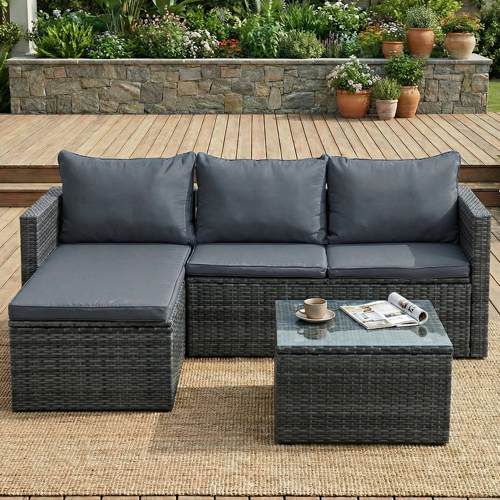 Patio Furniture Set with Detachable Soft Cushions, All Weather Outdoor PE Rattan Patio Conversation Sofa Set, Black Rattan/Grey