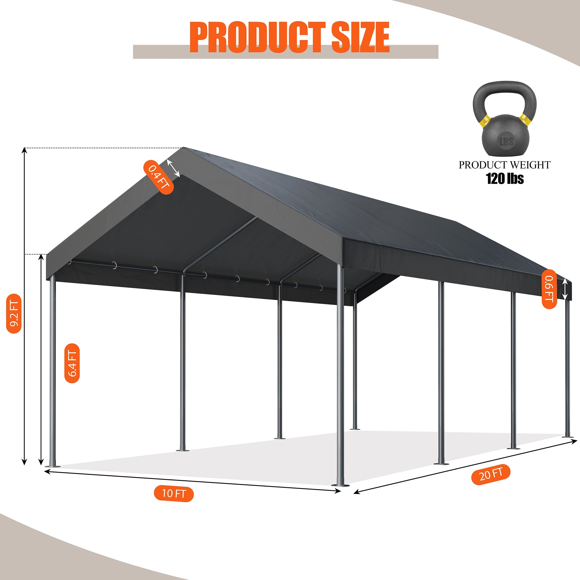 Walsunny Carport 10 x 20 ft Heavy Duty Carport Car Canopy with Powder-Coated Steel Frame,  Shelter Party Tent with 180g PE Tarp for Wedding, Garden (7404386713776)