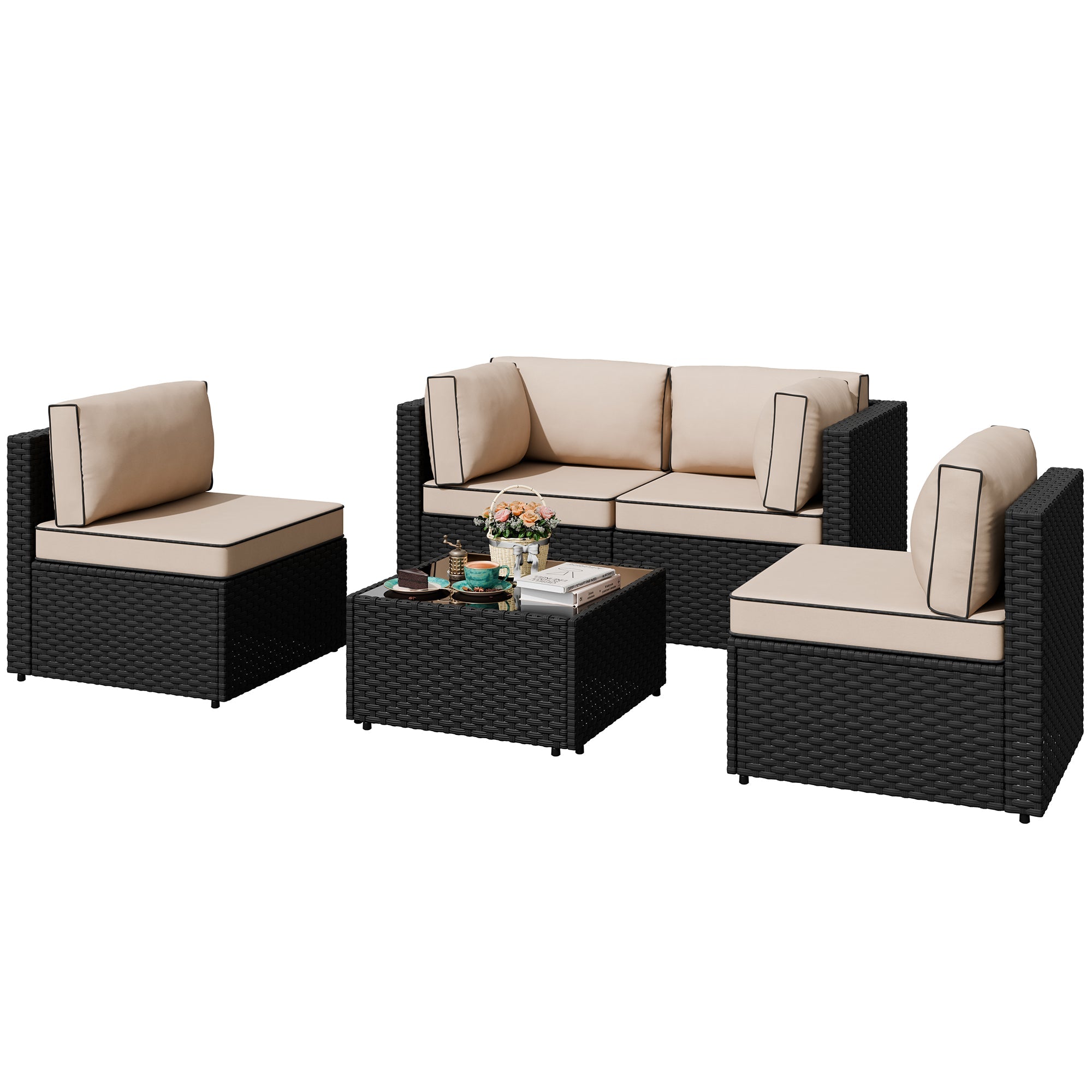 Walsunny Patio Furniture 5 Pieces Outdoor Sectional Sofa, Black Wicker
