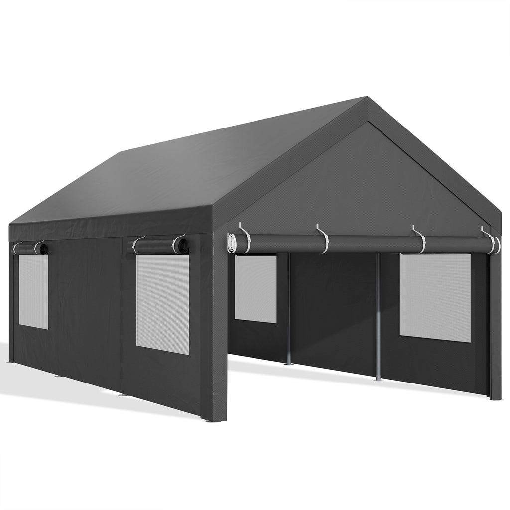 Walsunny Carport, 10x20 ft Heavy Duty Carport Canopy with Roll-up Windows, Portable Garage with Removable Sidewalls & Doors (7404387467440)