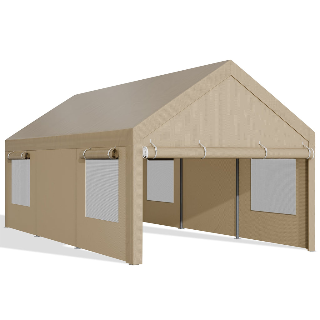 Walsunny Carport, 10x20 ft Heavy Duty Carport Canopy with Roll-up Windows, Portable Garage with Removable Sidewalls & Doors (7404387467440)