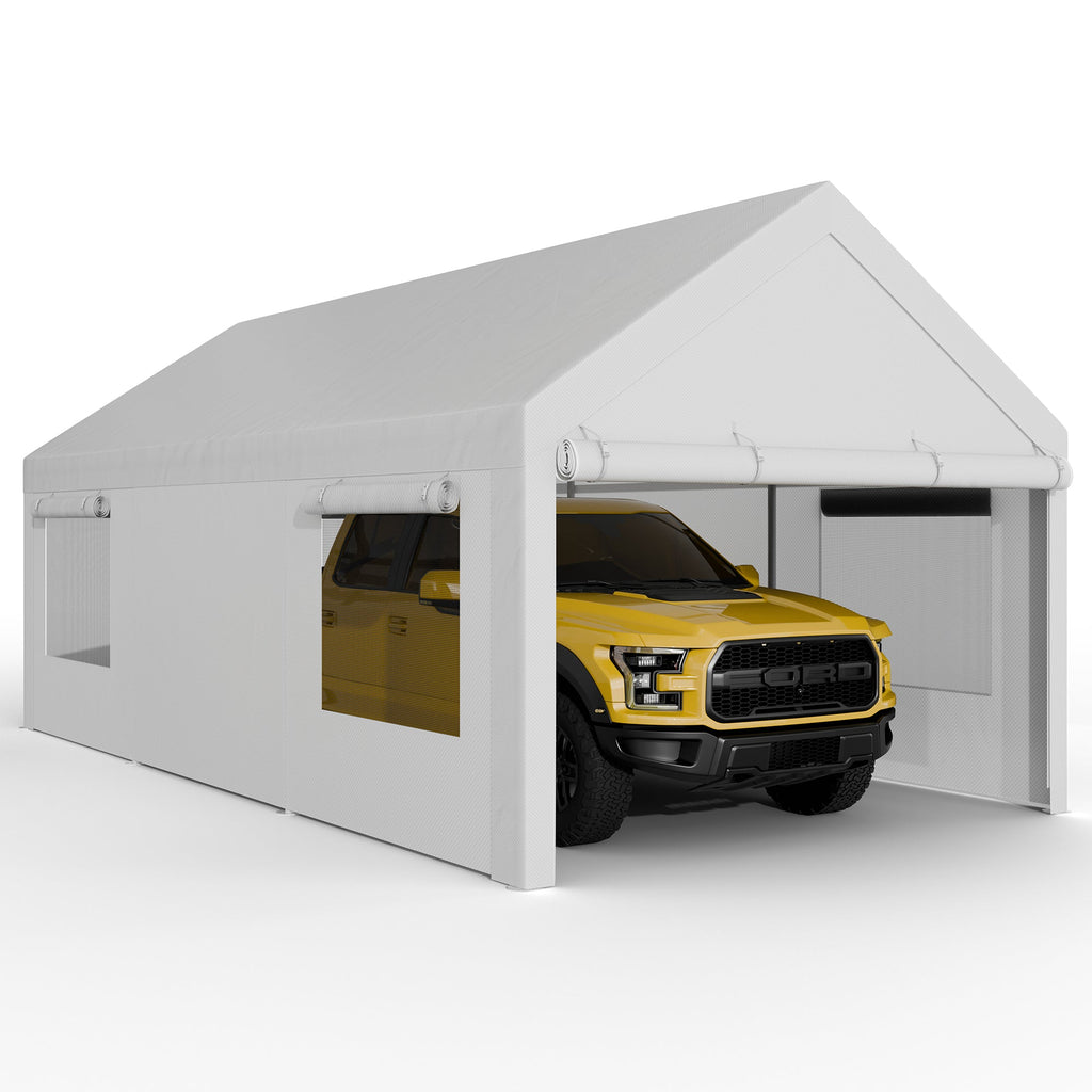 Walsunny Carport, 10x20 ft Heavy Duty Carport Canopy with Roll-up Windows, Portable Garage with Removable Sidewalls & Doors (7404387467440)