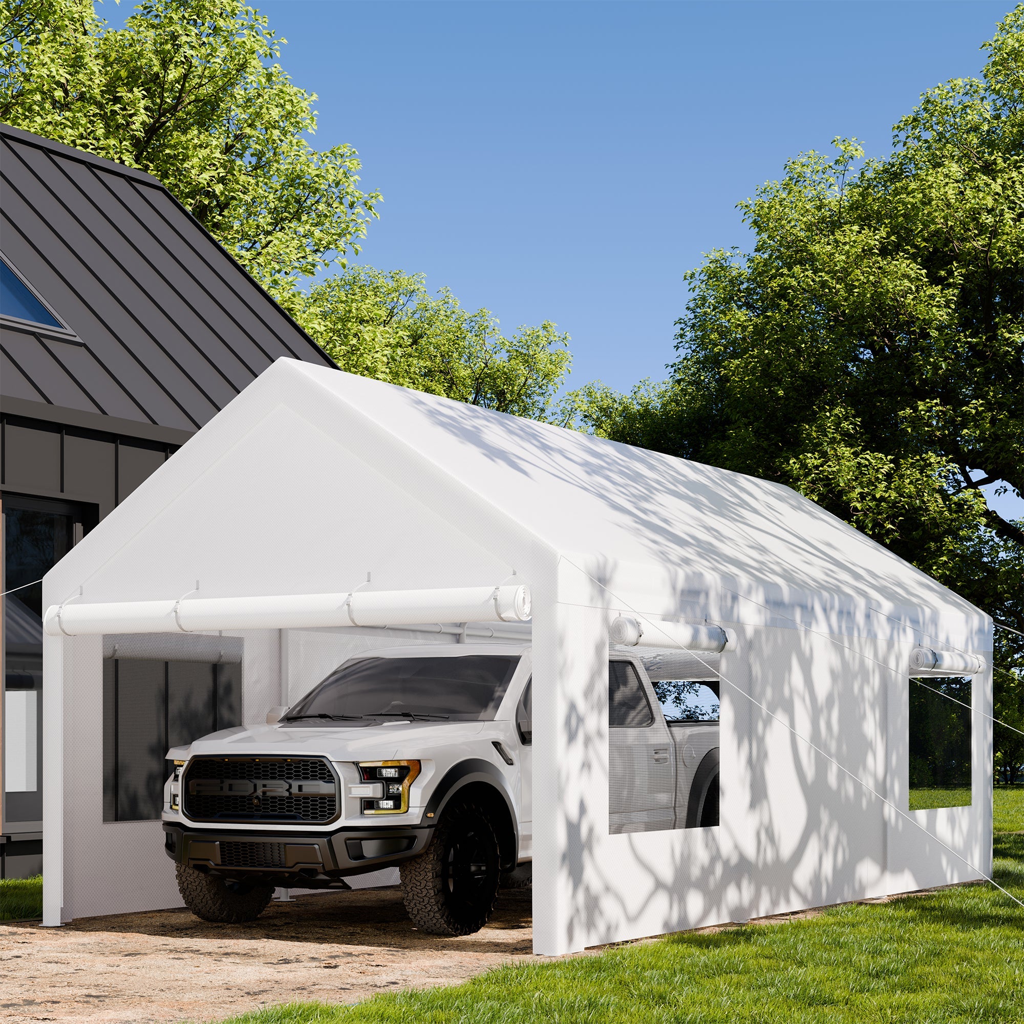 Walsunny Carport, 10x20 ft Heavy Duty Carport Canopy with Roll-up Windows, Portable Garage with Removable Sidewalls & Doors (7404387467440)