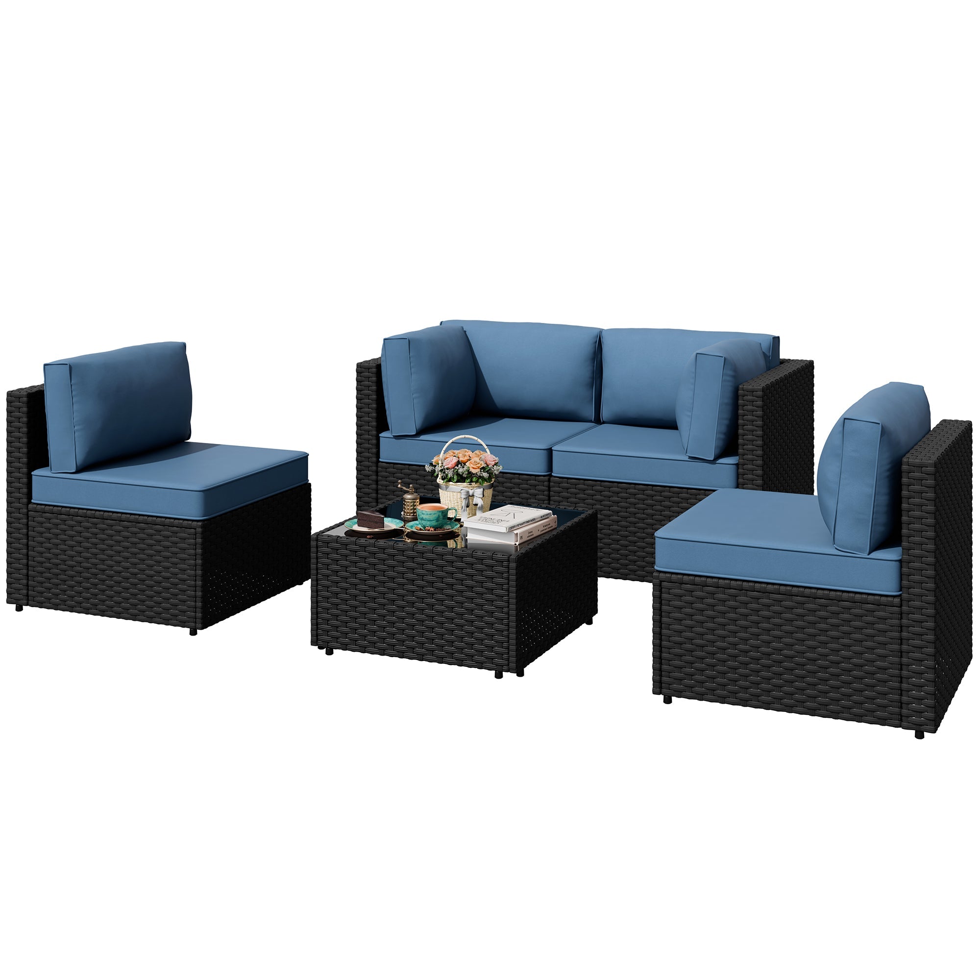 Walsunny Patio Furniture 5 Pieces Outdoor Sectional Sofa, Black Wicker