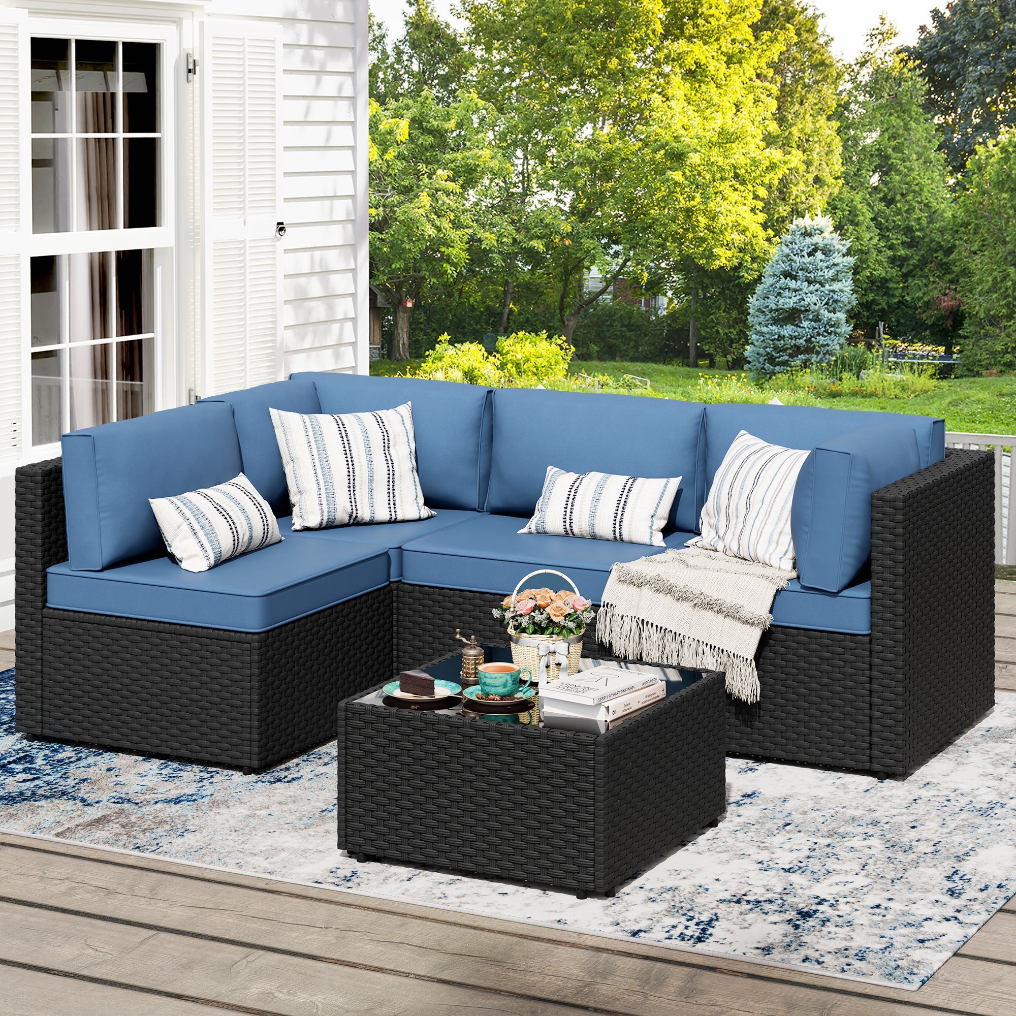 Walsunny Patio Furniture 5 Pieces Outdoor Sectional Sofa, Black Wicker