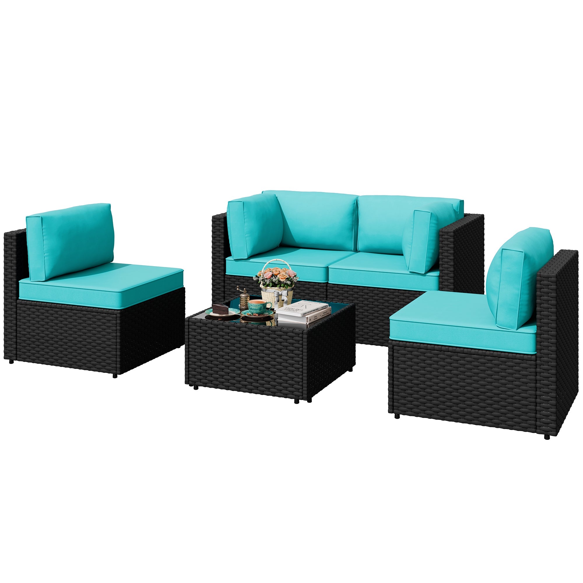 Walsunny Patio Furniture 5 Pieces Outdoor Sectional Sofa, Black Wicker