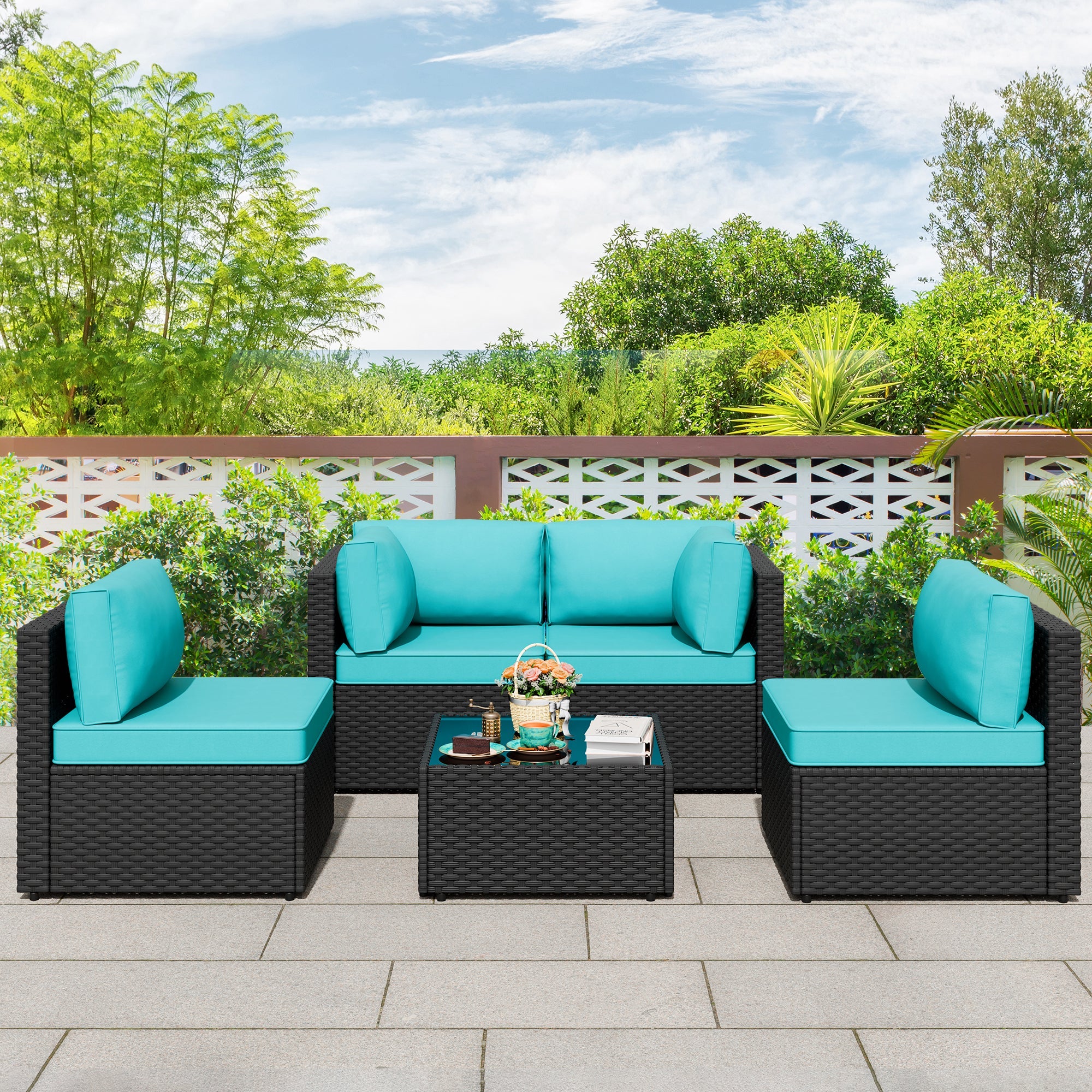 Walsunny Patio Furniture 5 Pieces Outdoor Sectional Sofa, Black Wicker