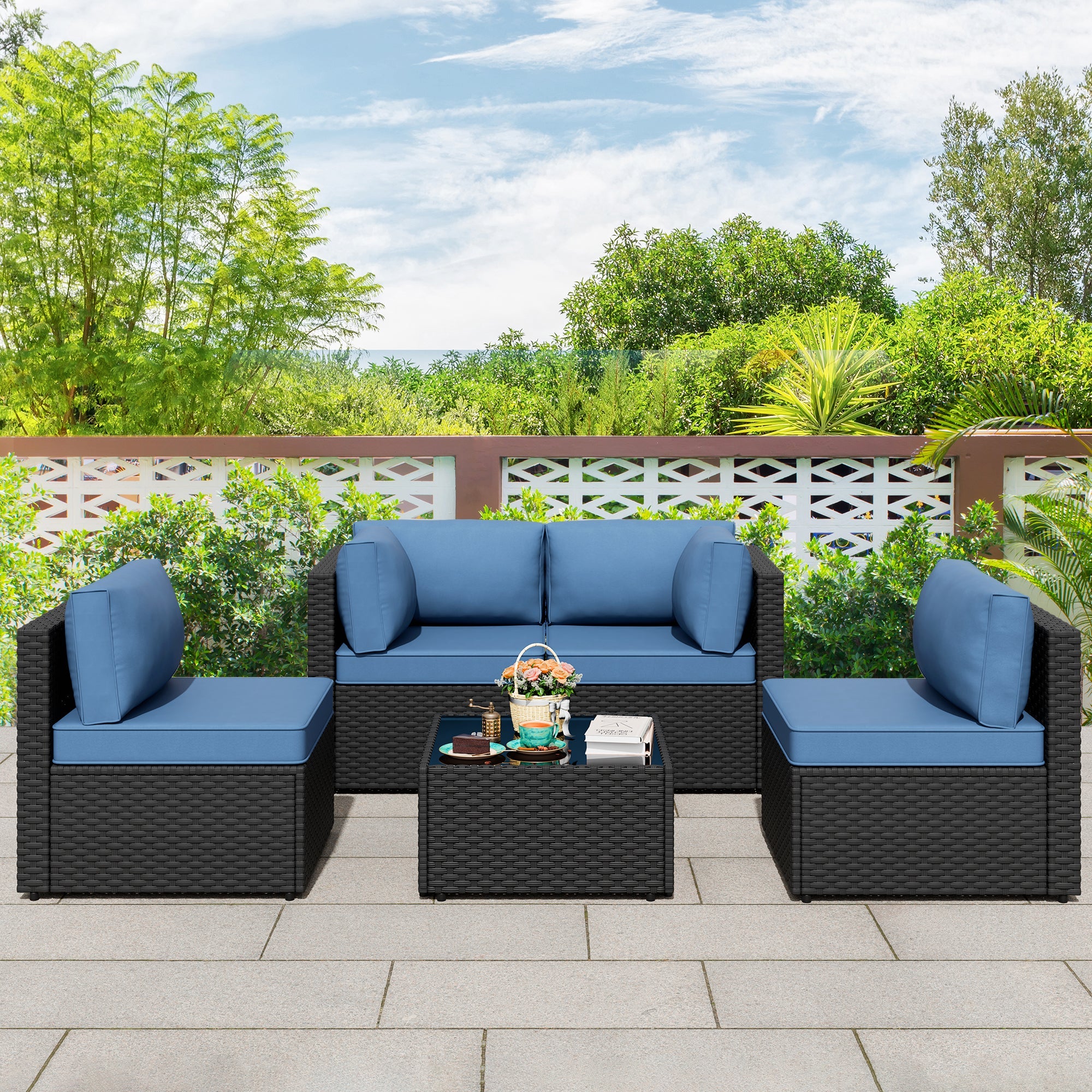 Walsunny Patio Furniture 5 Pieces Outdoor Sectional Sofa, Black Wicker