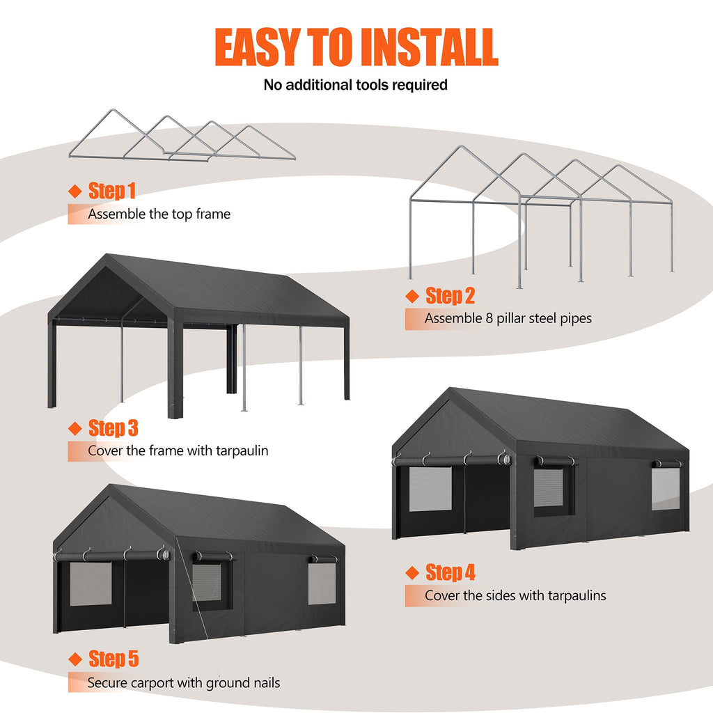 Walsunny Carport, 10x20 ft Heavy Duty Carport Canopy with Roll-up Windows, Portable Garage with Removable Sidewalls & Doors (7404387467440)