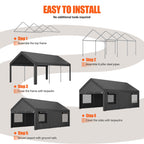 Walsunny Carport, 10x20 ft Heavy Duty Carport Canopy with Roll-up Windows, Portable Garage with Removable Sidewalls & Doors (7404387467440)