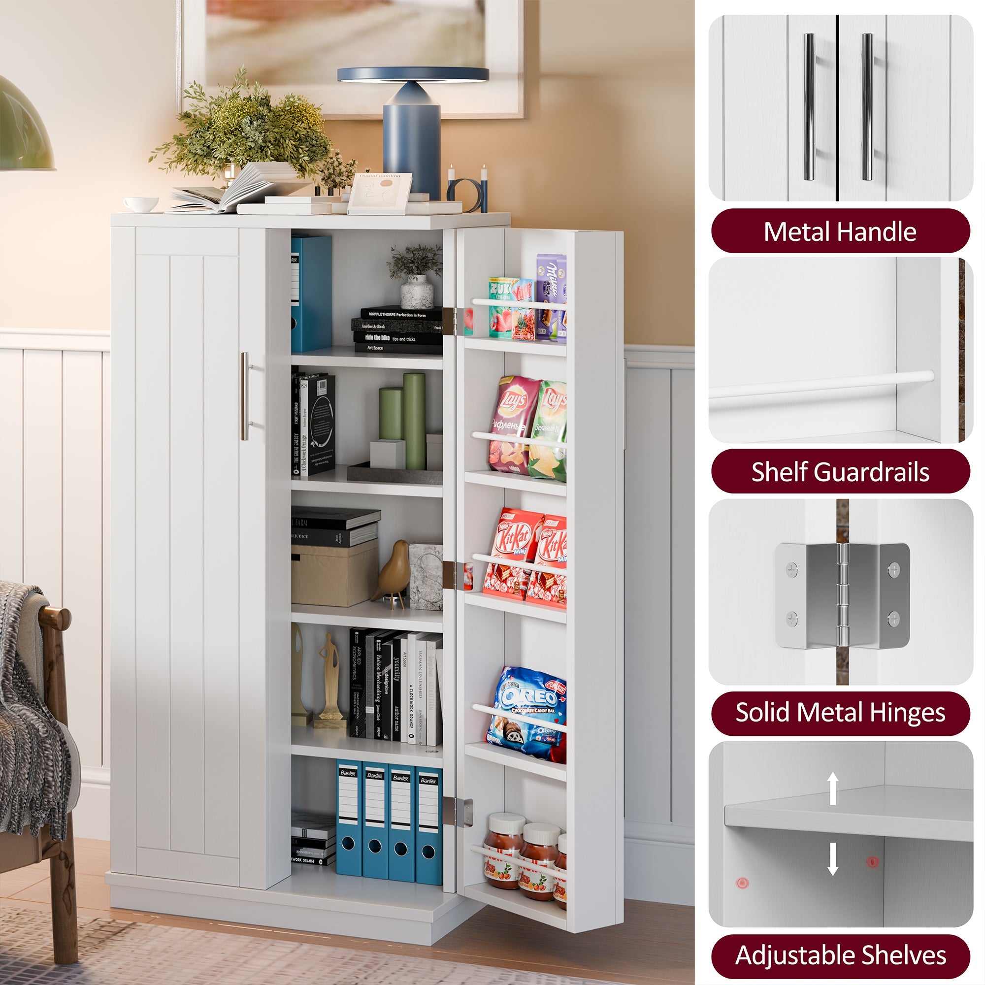 Walsunny 47" Kitchen Pantry Farmhouse Storage Cabinet with Adjustable Shelves, Racks and Doors Freestanding Kitchen Hutch Cupboard (7504155214000)