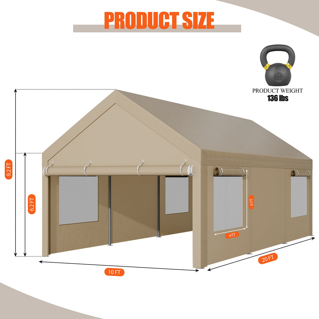Walsunny Carport, 10x20 ft Heavy Duty Carport Canopy with Roll-up Windows, Portable Garage with Removable Sidewalls & Doors (7404387467440)