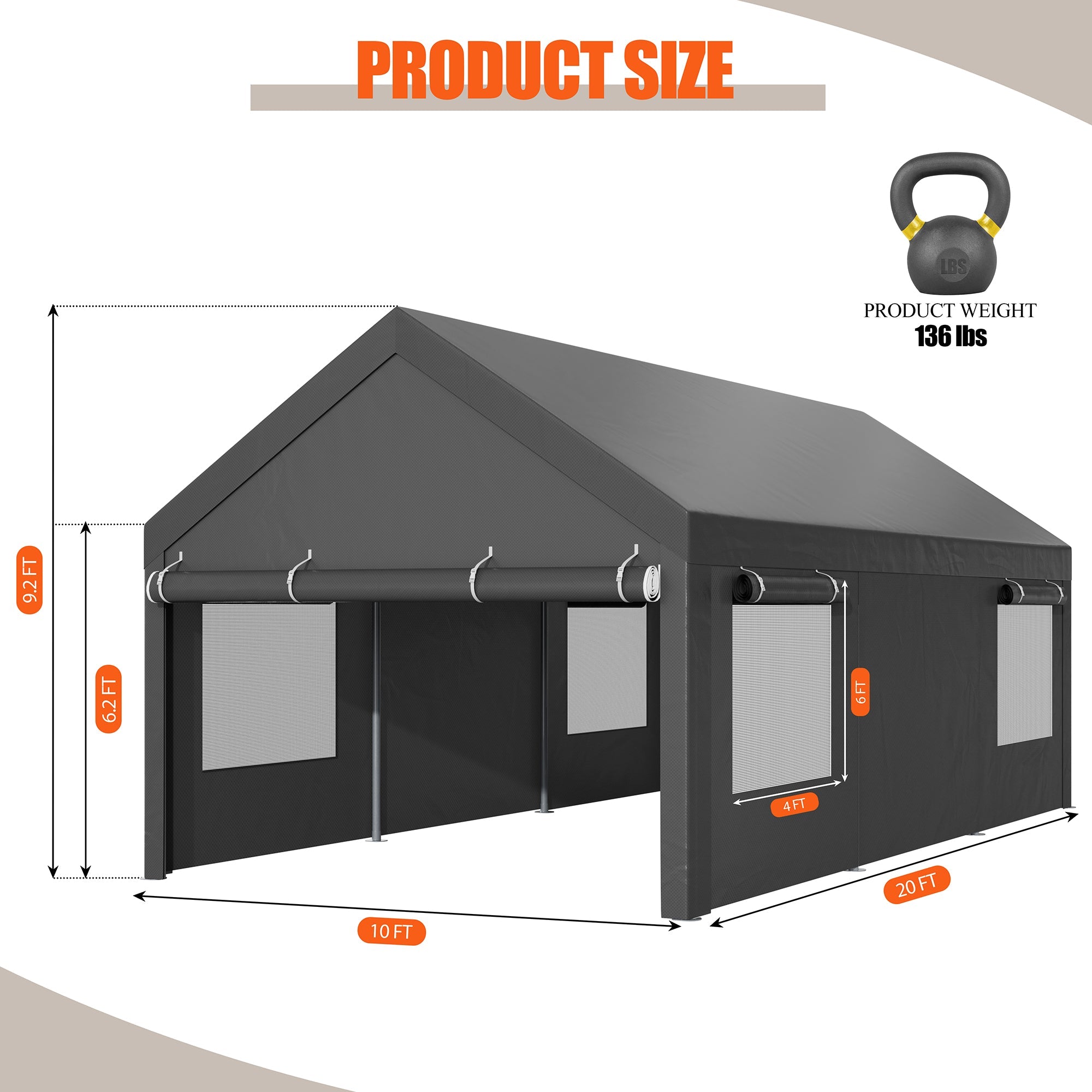 Walsunny Carport, 10x20 ft Heavy Duty Carport Canopy with Roll-up Windows, Portable Garage with Removable Sidewalls & Doors (7404387467440)