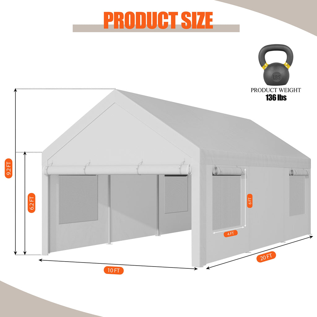Walsunny Carport, 10x20 ft Heavy Duty Carport Canopy with Roll-up Windows, Portable Garage with Removable Sidewalls & Doors (7404387467440)