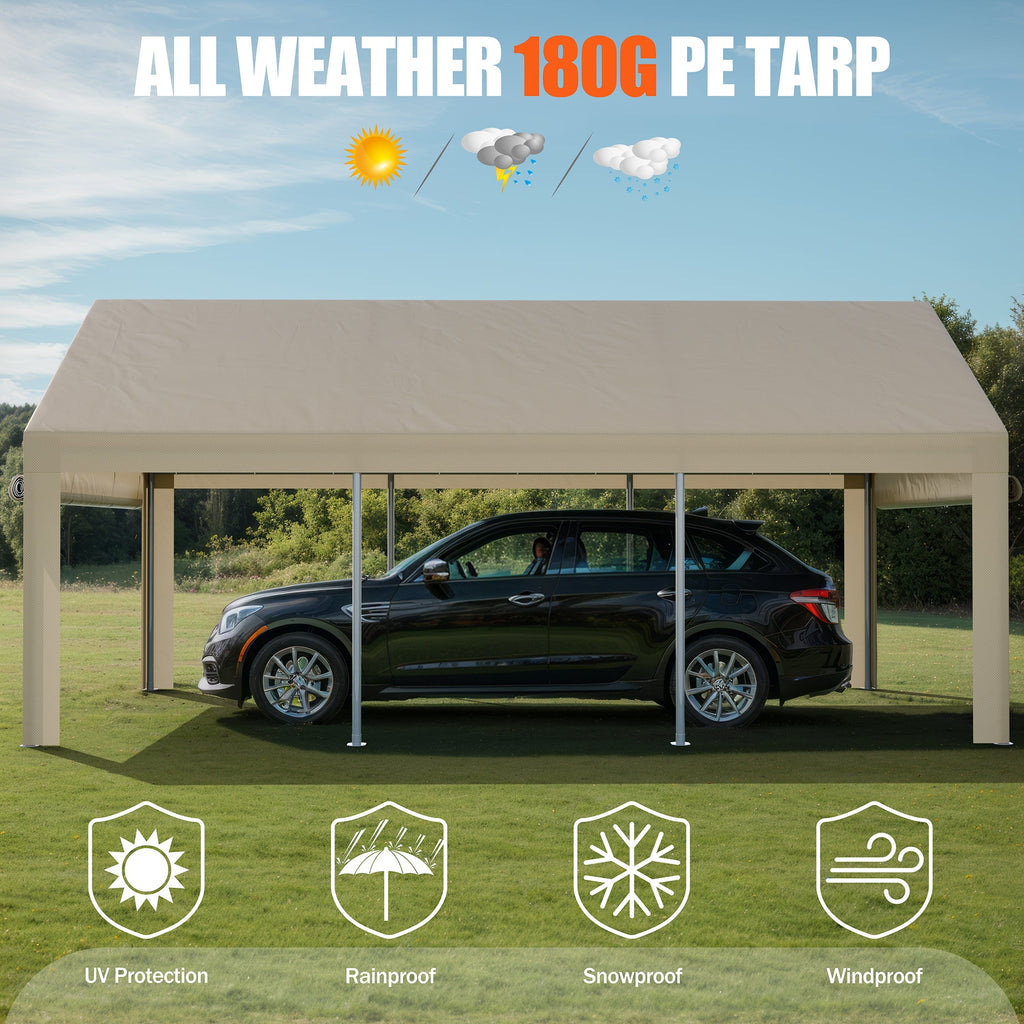 Walsunny Carport, 10x20 ft Heavy Duty Carport Canopy with Roll-up Windows, Portable Garage with Removable Sidewalls & Doors (7404387467440)