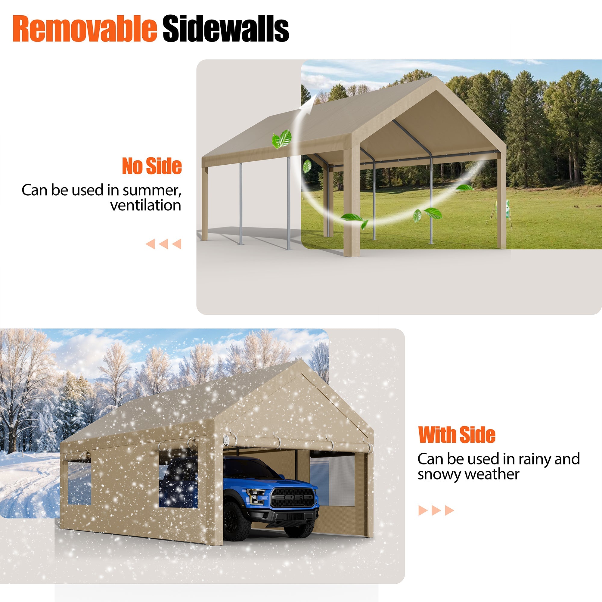 Walsunny Carport, 10x20 ft Heavy Duty Carport Canopy with Roll-up Windows, Portable Garage with Removable Sidewalls & Doors (7404387467440)