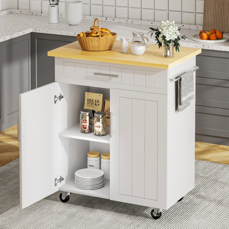 Walsunny 26 Rolling Kitchen Island with Solid Wood Top#color_white