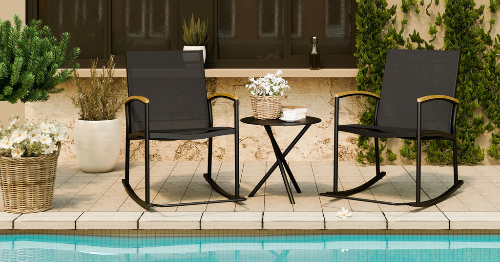 Walsunny 3 Pieces Patio Set Outdoor Patio Furniture Sets Modern Rocking Bistro Set Textilene Chair Conversation Sets Black (7609554796720)
