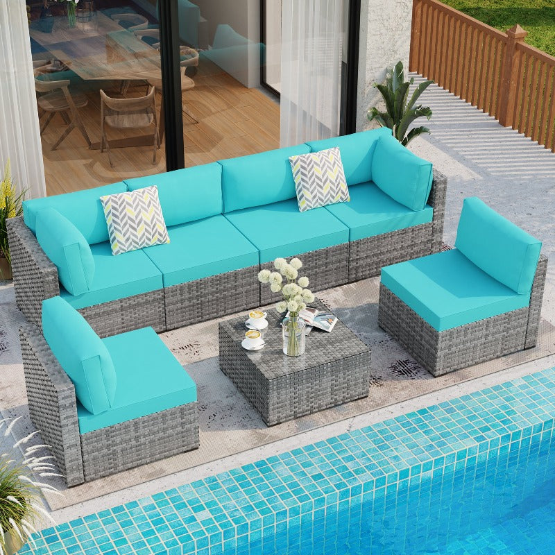 Walsunny Patio Furniture 7 Pieces Outdoor Sectional Sofa Set, Silver Wicker#color_blue
