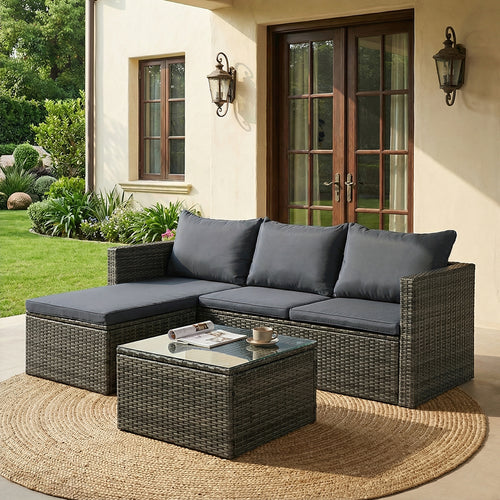 Patio Furniture Set with Detachable Soft Cushions, All Weather Outdoor PE Rattan Patio Conversation Sofa Set, Black Rattan/Grey