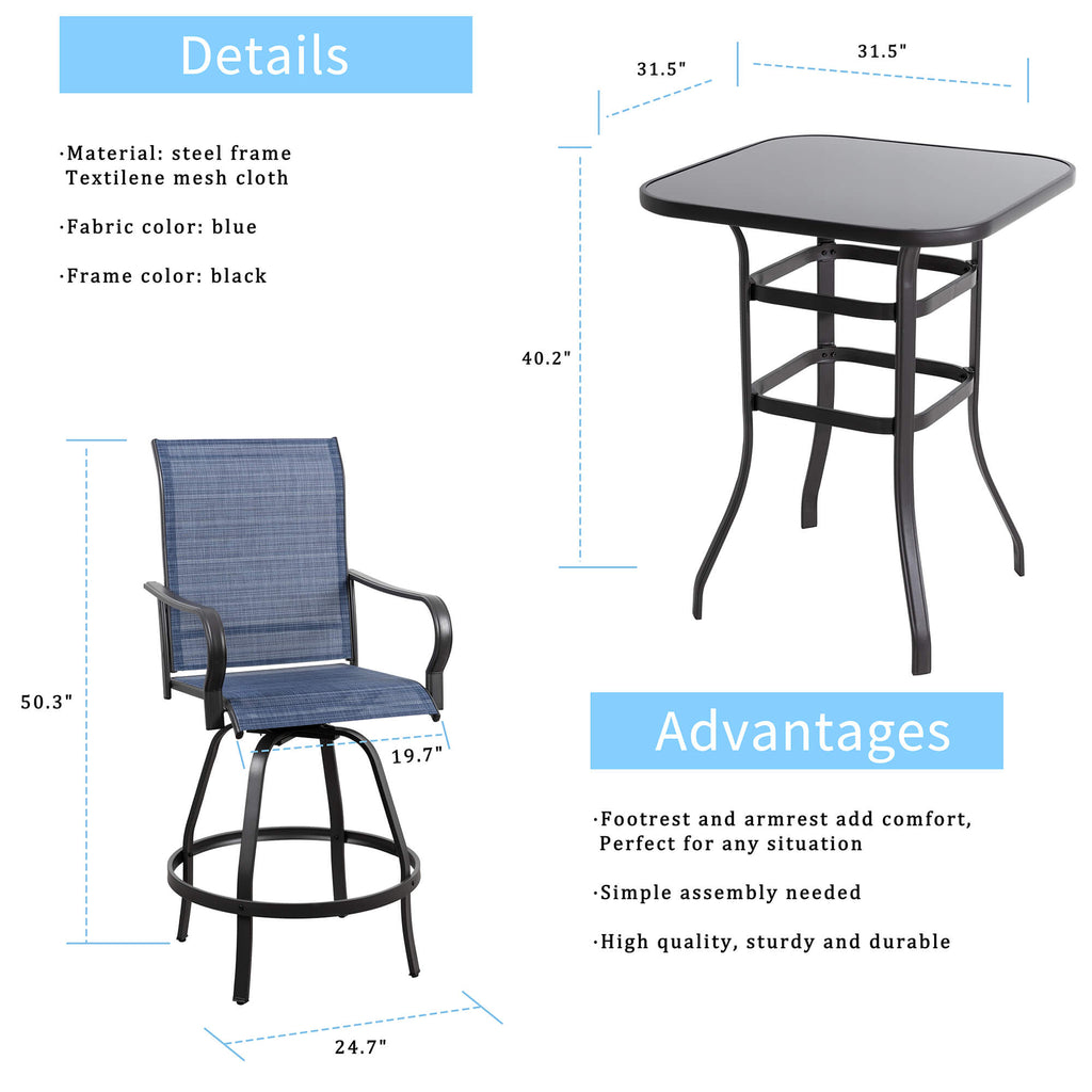 Vongrasig Patio Furniture Outdoor All-Weather Texilene Swivel High Bar Stools Set