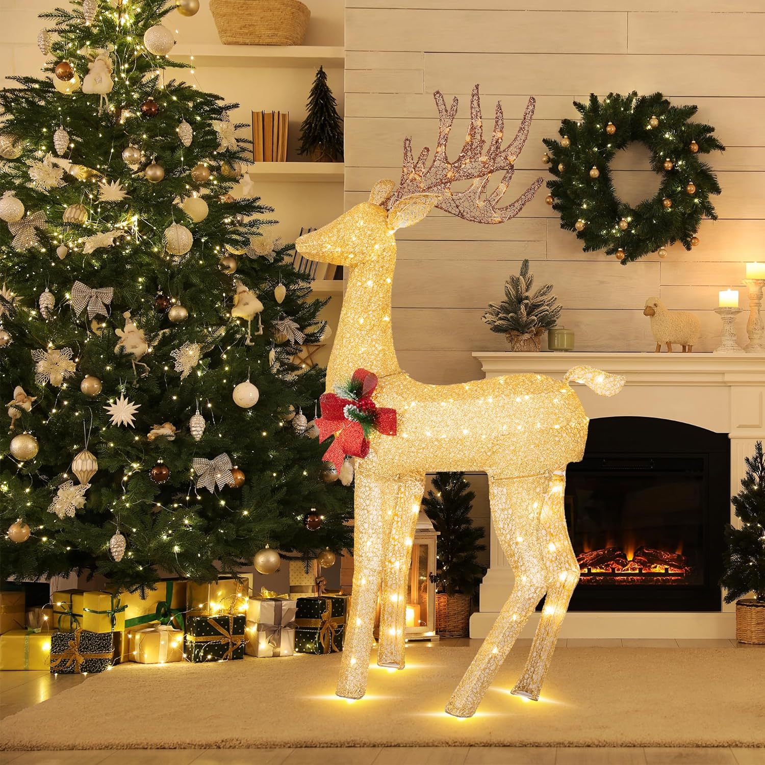 Walsunny  2-Piece Reindeer Christmas Decoration, 4FT Moose Family Outdoor Holiday Christmas Decor, Pre-Lit 170 LED Lights Deer