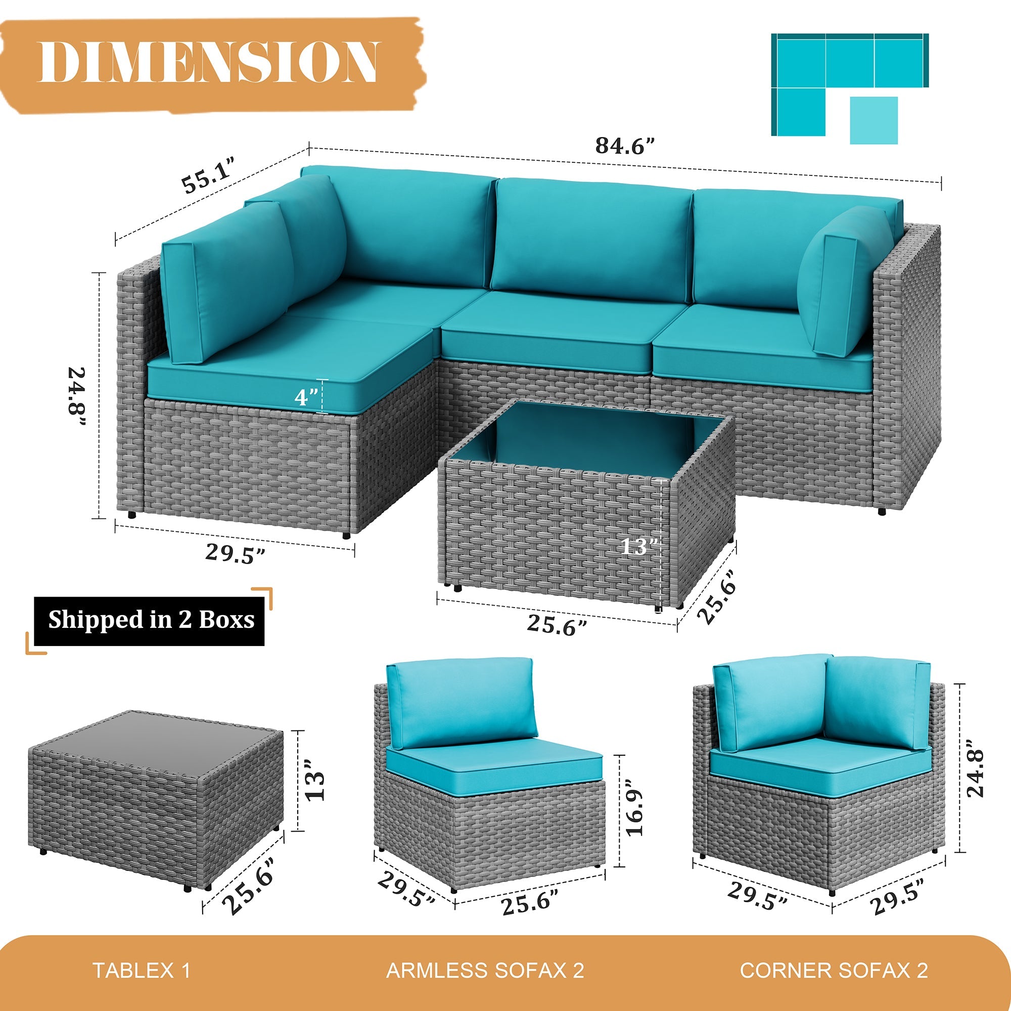 Vongrasig Patio Furniture 5 Pieces Outdoor Sectional Sofas, Sliver Wicker