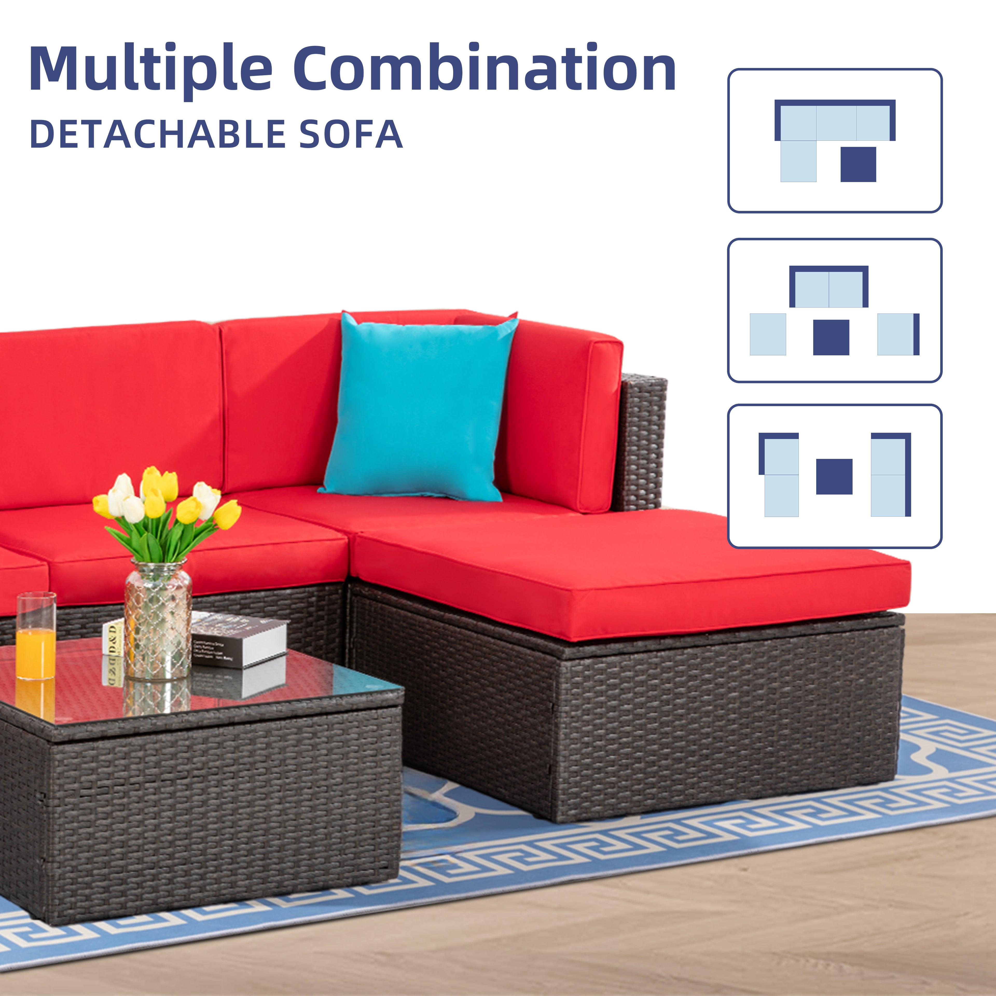 Vongrasig 5 Piece Patio Furniture Sets, Outdoor Patio Set Sectional Sofa, All-Weather PE Rattan Outdoor Couch with Ottoman, Glass Table for Garden, Backyard, Porch, Beige