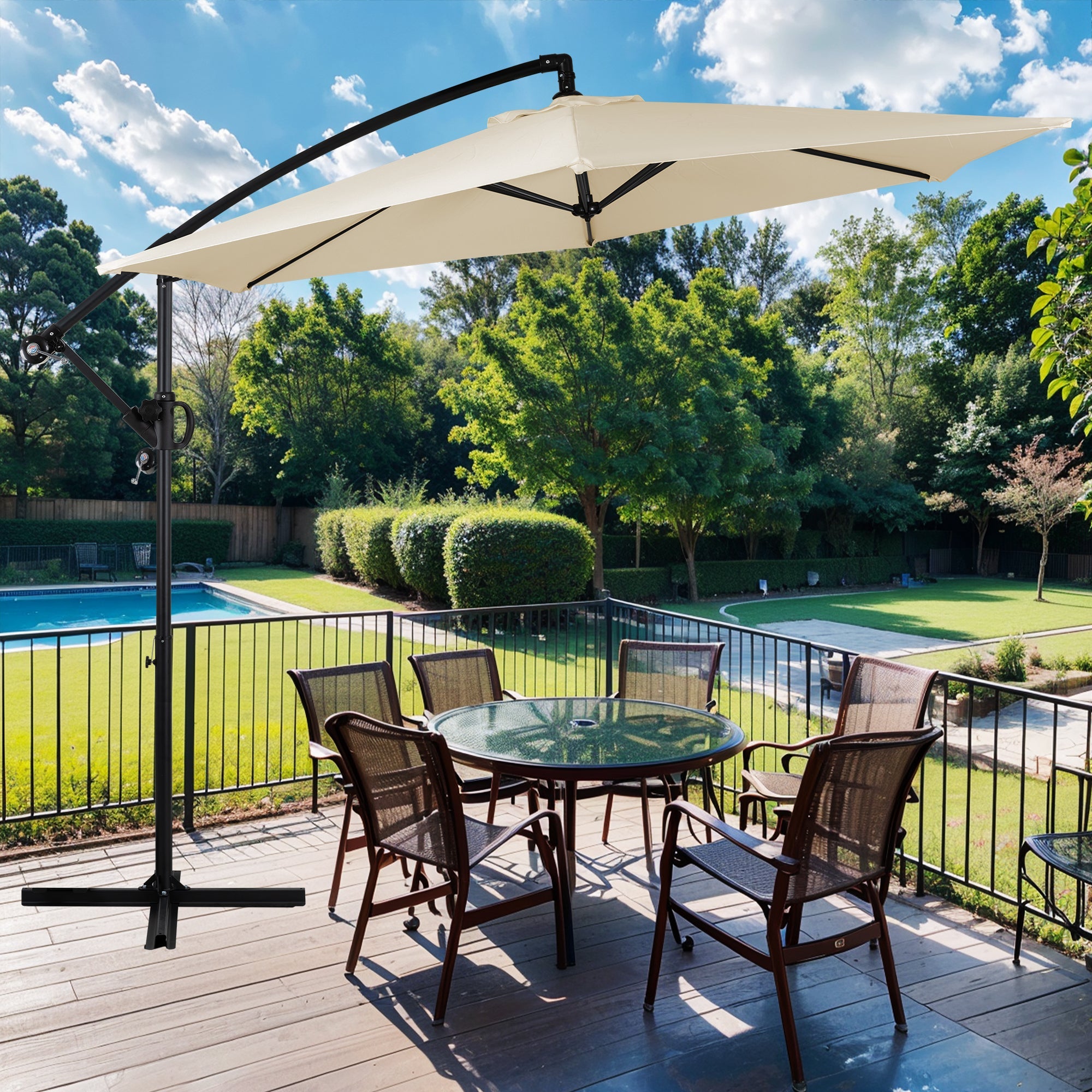 Walsunny Patio Offset Umbrella Easy Tilt Adjustment,Crank and Cross Base, Outdoor Cantilever Hanging Umbrella with 8 Ribs (7504185786544)