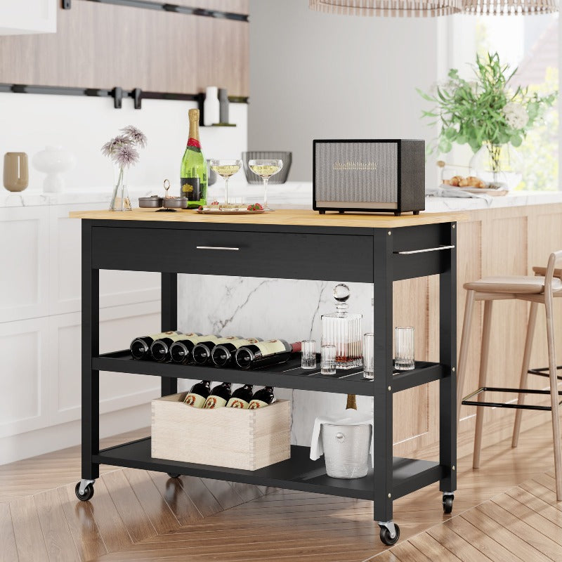 Walsunny 40¡®¡¯ Kitchen Island Storage & Bar Cart with Solid Wood Top#color_black (7278481473712)