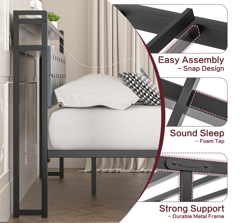 Walsunny Bed Frame with Led Light and 2 Drawers Metal Platform Bed with Button Tufted Headboard Strong Metal Slats (7504175136944)