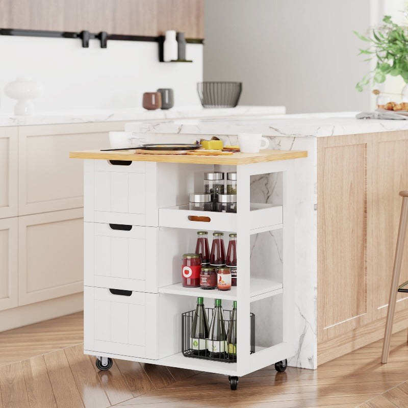 Walsunny 26.57¡®¡¯ Rolling Kitchen Island Storage & Bar Cart with Solid Wood Top#color_white (7278481932464)