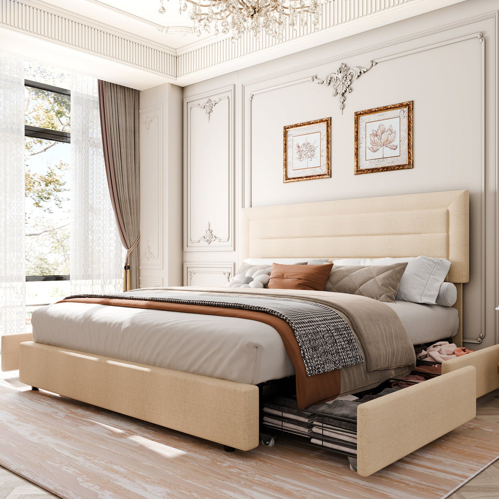 Walsunny Bed Frame with 4 Storage Drawee, Platform Bed with Upholstered Modern Geometric Lines Headboard, Solid Wood Slats Support (7504162390192)