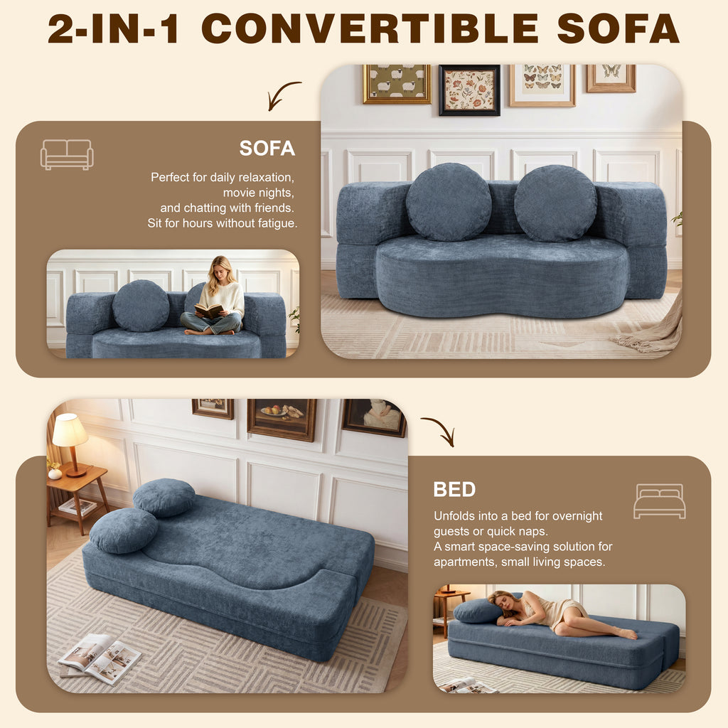 Vongrasig 77” Convertible Sofa Bed, Folding Boneless Couch, Floor Sofa 2-in-1 Curved Couch for Small Living Room, Apartment, Guest Room,